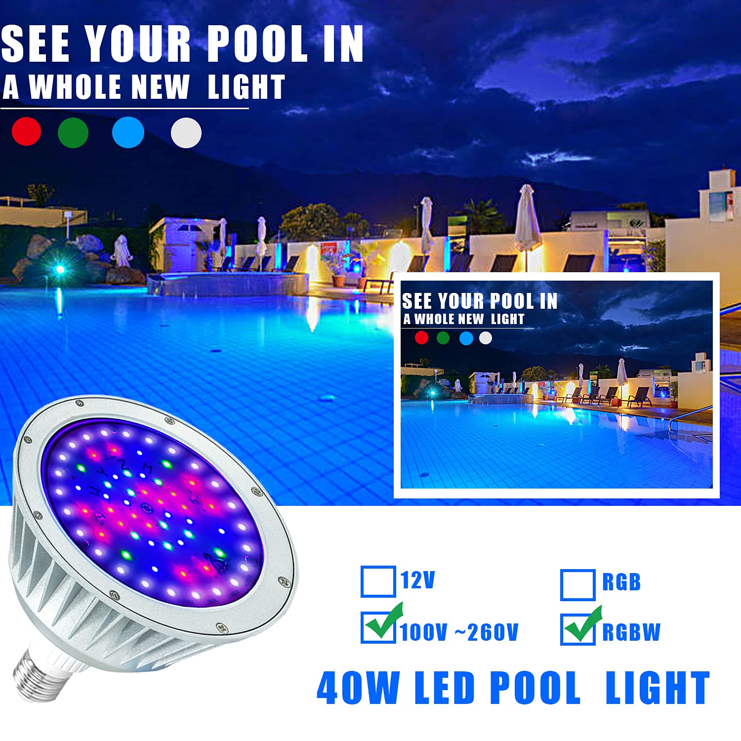 WYZM Waterproof 120V 40W RGBW LED Pool Light Bulb for Inground Pools, Aluminum, Red, Fits Pentair & Hayward Fixtures