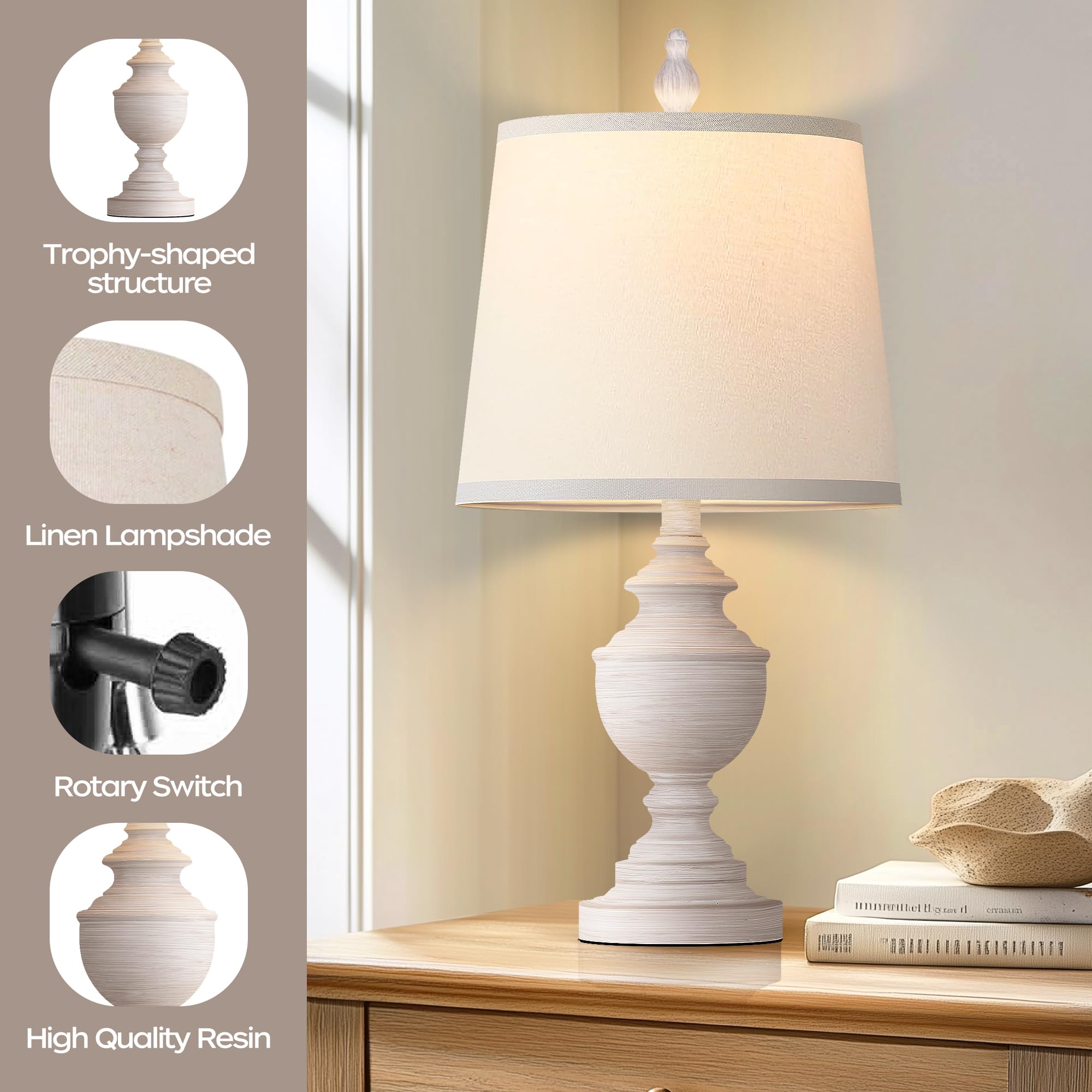 PARTPHONER Retro Table Lamps Set of 2, 22in Vintage Nightstand Lamps, White Resin Shades, Rustic Farmhouse Design