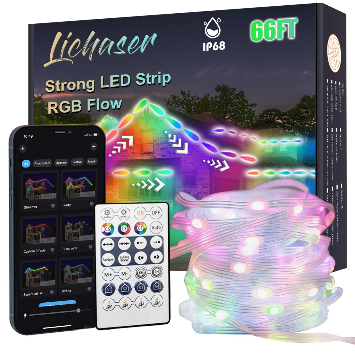 Lichaser IP68 66FT RGB+IC Waterproof LED Strip Lights Outdoor, DIY, Chasing, Segment LED Lights Strip Work with BT APP and RF Re
