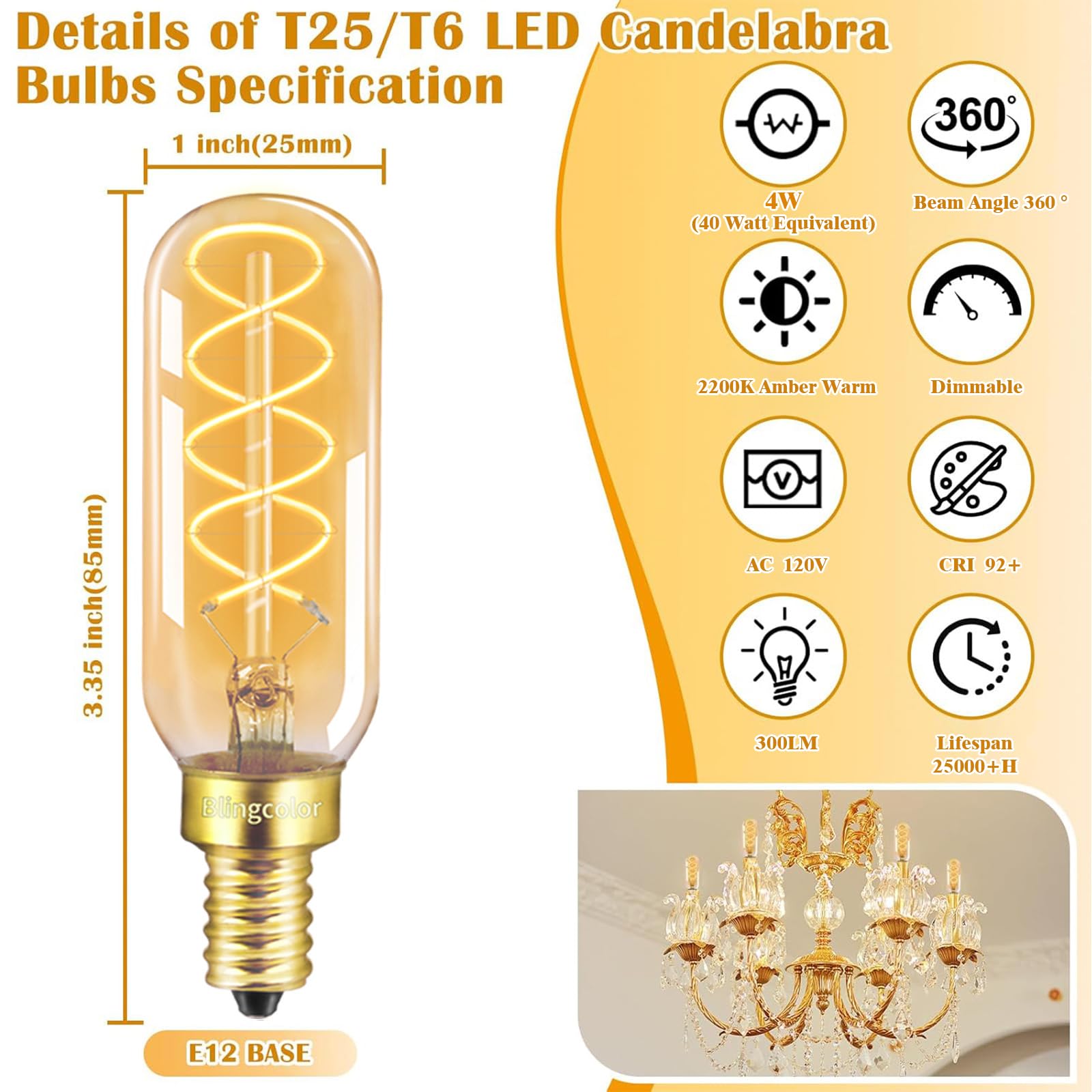 Blingcolor Dimmable E12 Led Edison Candelabra Bulbs 40 Watt Equivalent, 6 Pack E12 4W Led Candelabra Amber Warm Light Bulbs 2200