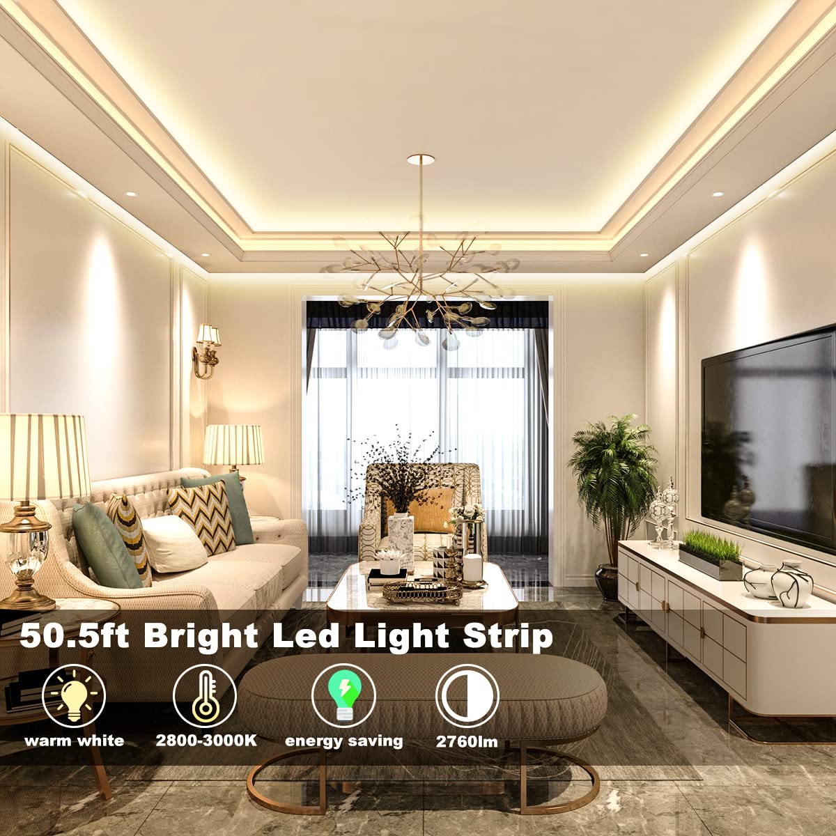 My Beauty Light Led Strip Lights Warm White,50.5Ft Dimmable Led Light Strip With Rf Remote,924 Bright 3000K 2835 Leds,Plug-In Ad
