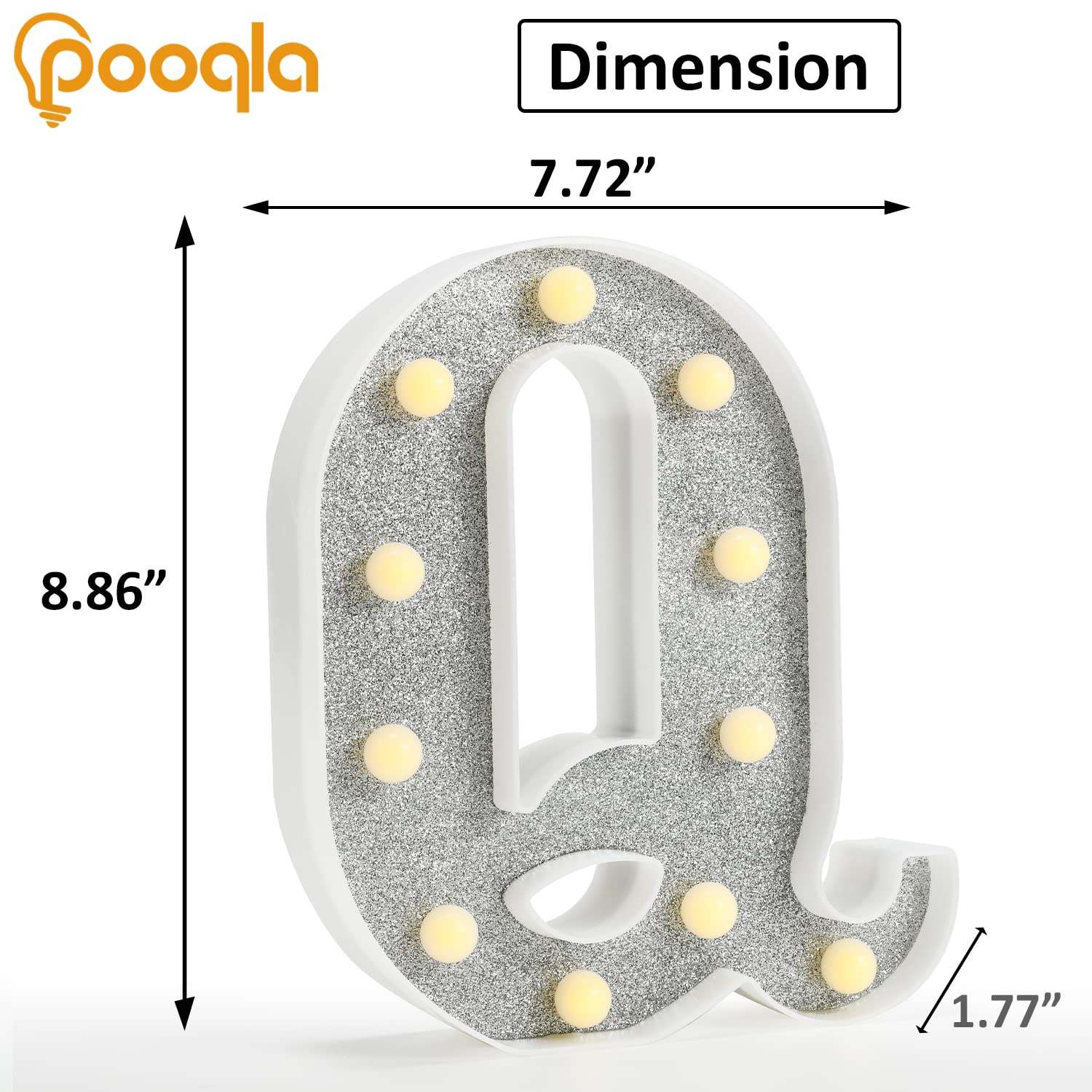 Pooqla LED Letter Lights Marquee Signs - 18 Colors, Battery Powered, Glitter Silver Q, Plastic, Remote Control