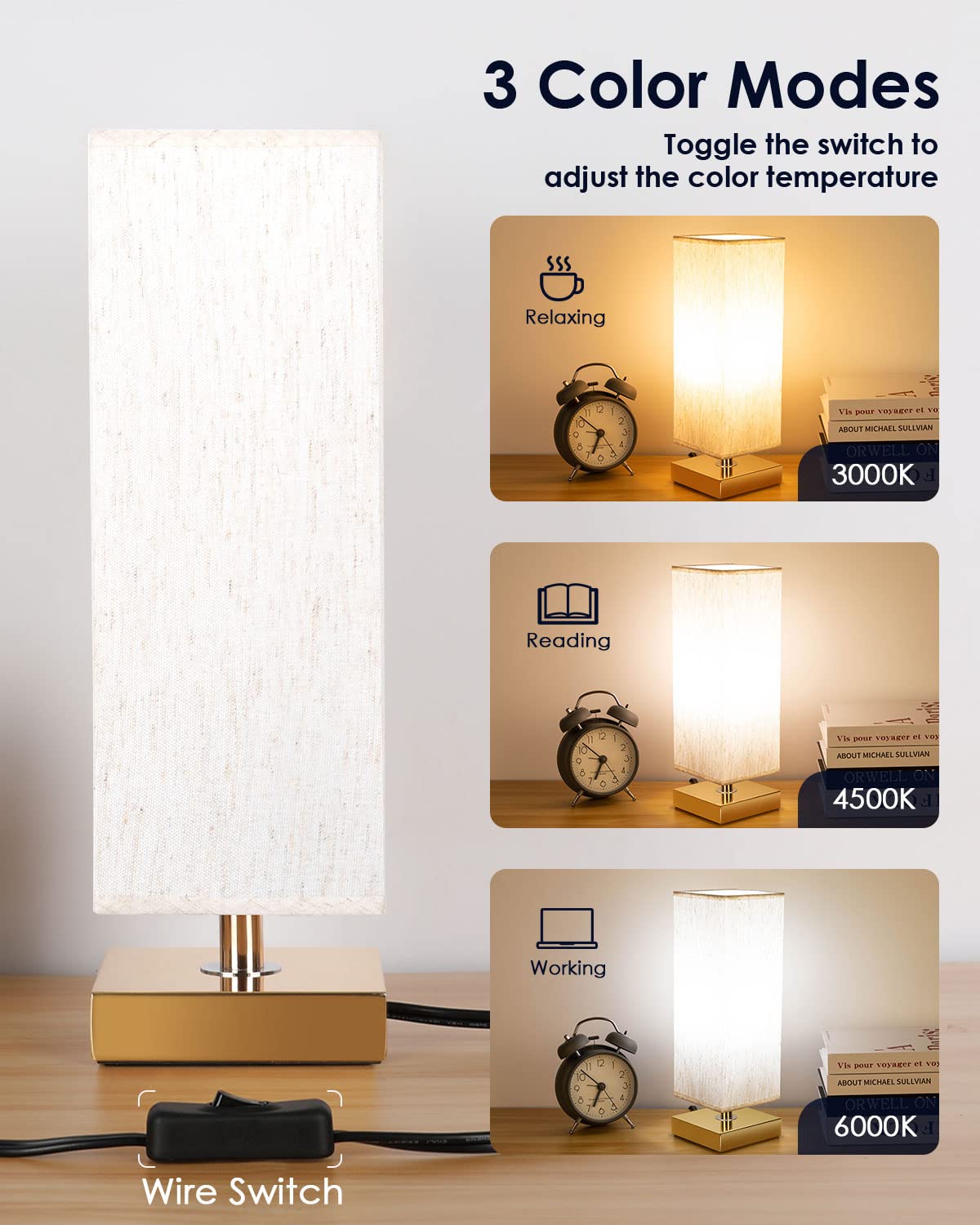 Soilsiu Bedside Table Lamp Bedroom 3 Color Options Desk Lamps With Modern Fabric Shade Reading Nightstand Lamps For Living Room,