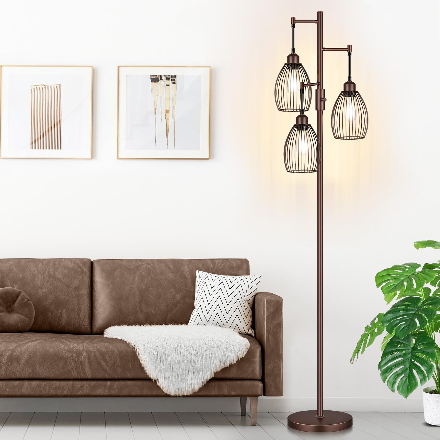 Dimmable Farmhouse Industrial Floor Lamp, Matte Brown Tree Standing Tall Lamps With 3 Elegant Teardrop Cage Head & 800 Lumens Le