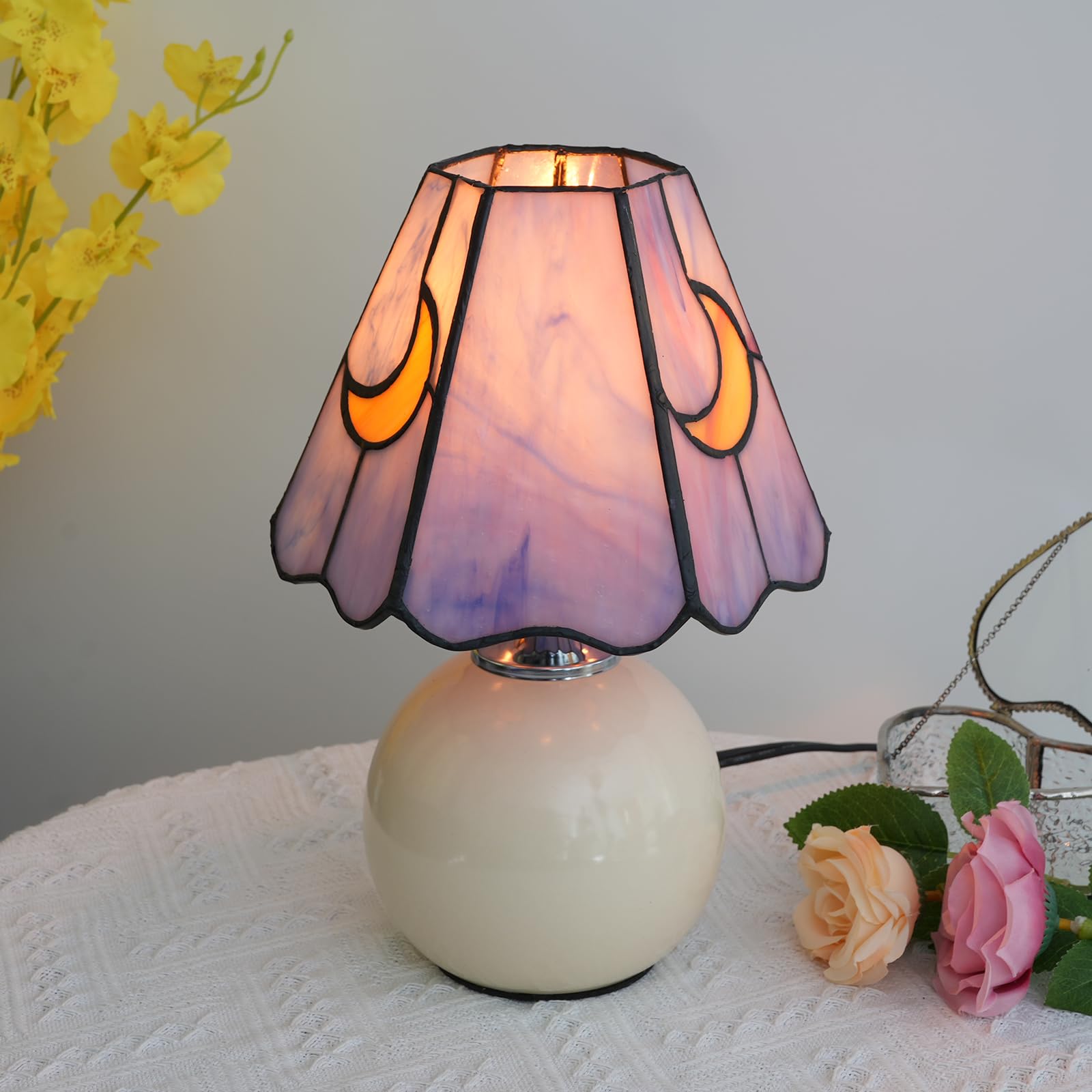 KIPHEPI Mushroom Lamp - Stained Glass Moon Lamp, Small Nightstand Desk Lamp, Purple, Model W-1062, Includes E26 Bulb, Home Decor