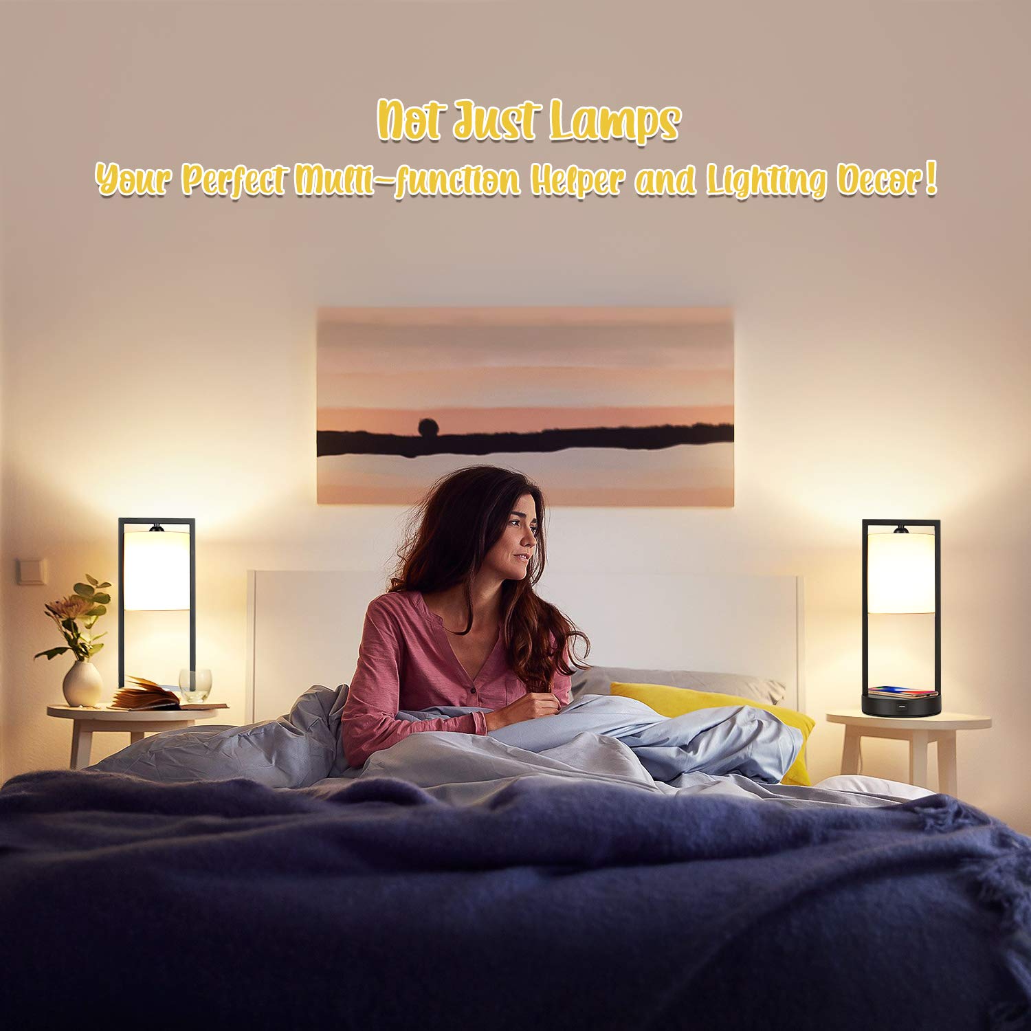 TOBUSA Wireless Charging Table Lamps Set of 2, Modern Dimmable Design, Warm White Fabric Shade, Metal, Model HRP-TS12008W-27A