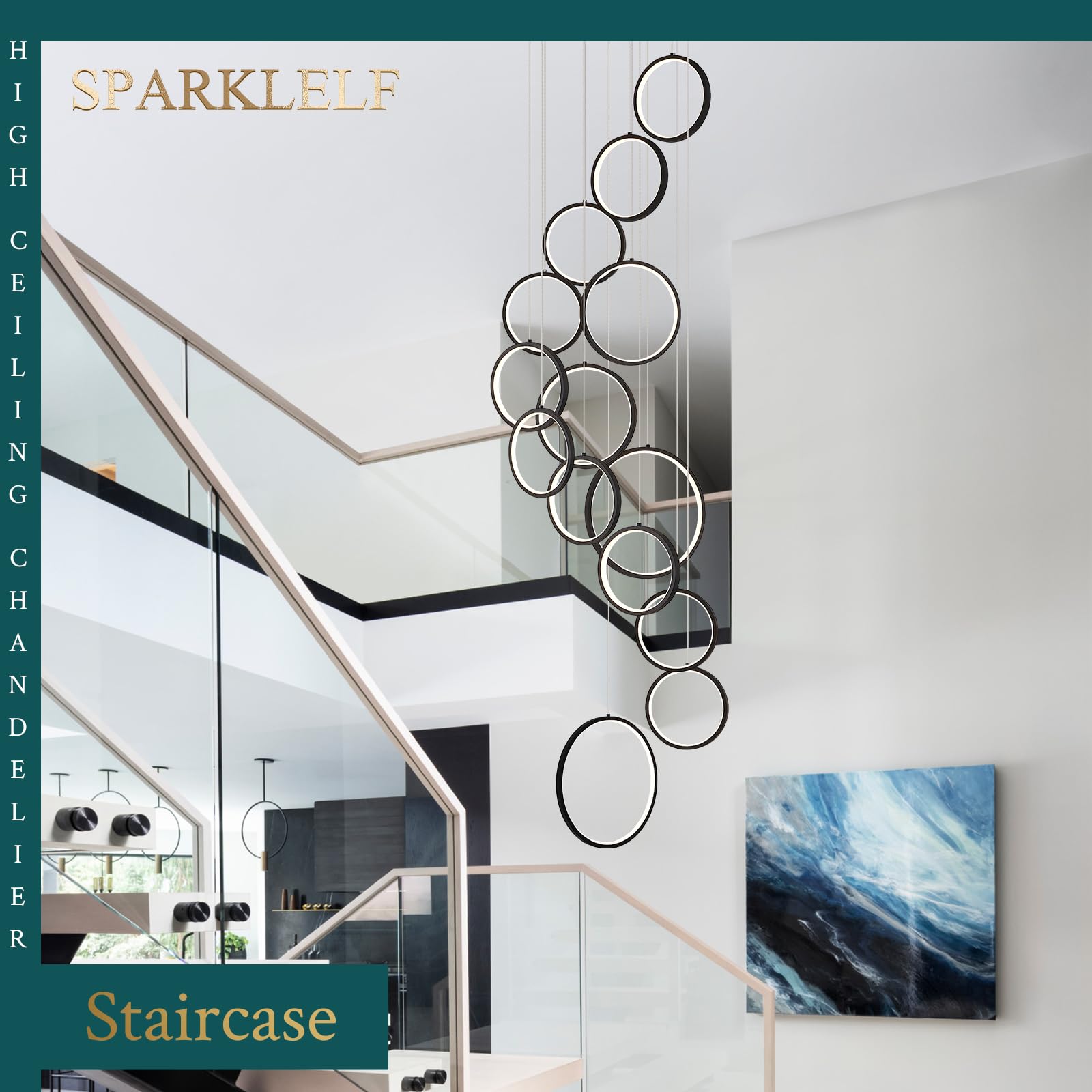 Sparklelf 14 Rings Modern Led Chandelier For High Ceiling Dimmable Black Contemporary Foyer Long Chandelier For Entryway, Long P