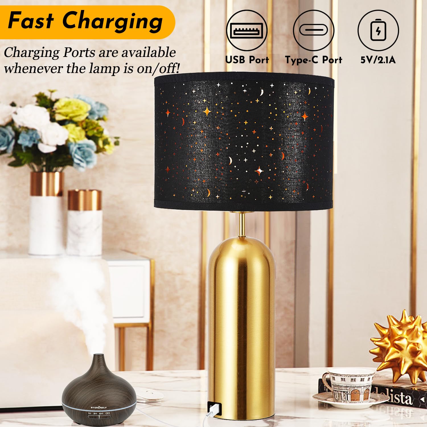 Touch Control Lamps Set Of 2 Gold Table Lamps 3-Way Dimmable With Usb A+C Ports Tall Modern End Table Lamps For Living Room Beds