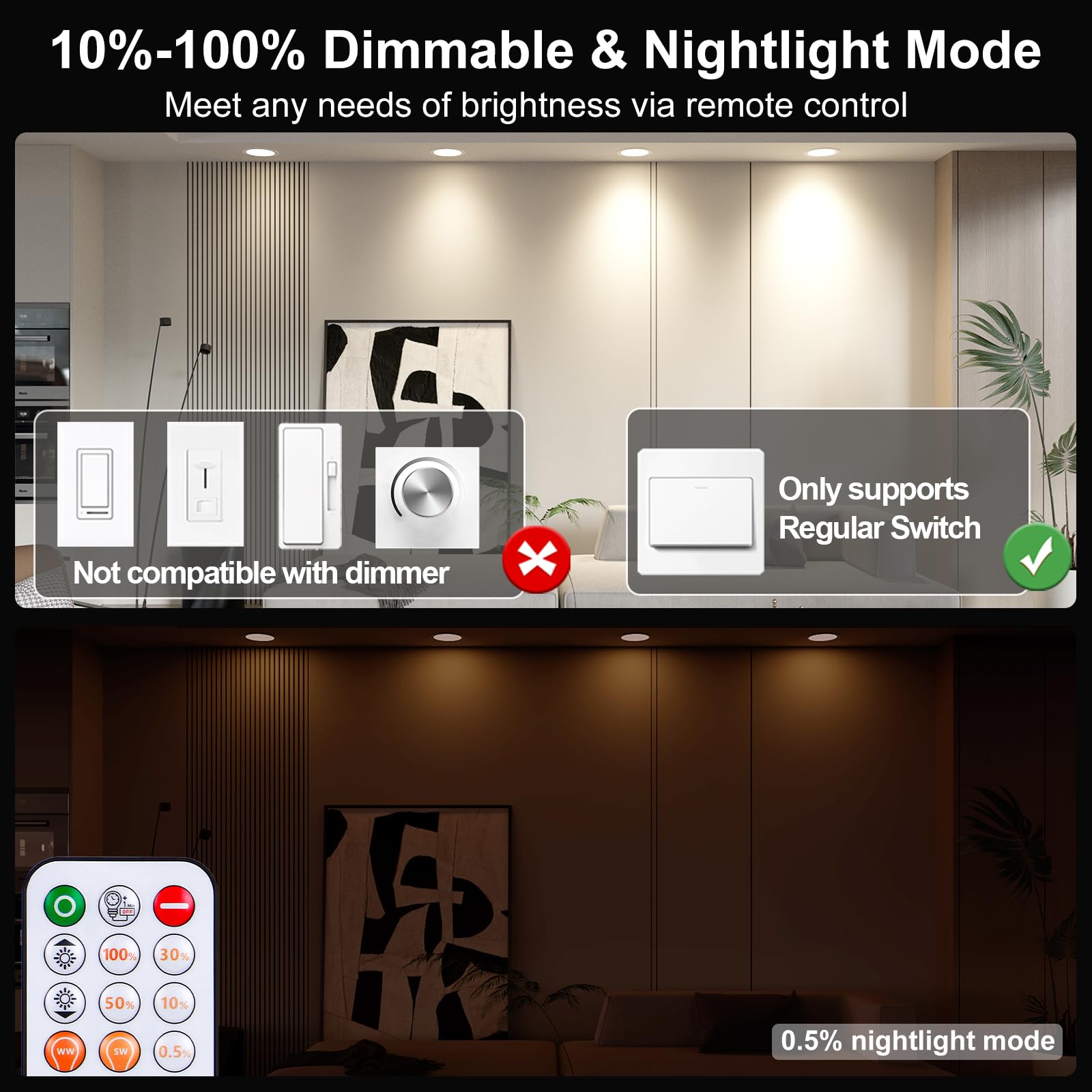 Taptoron 4 Inch RGBCW Canless LED Recessed Ceiling Light, 12W 1080LM, Dimmable with Remote Control, Model TD4C001, 1