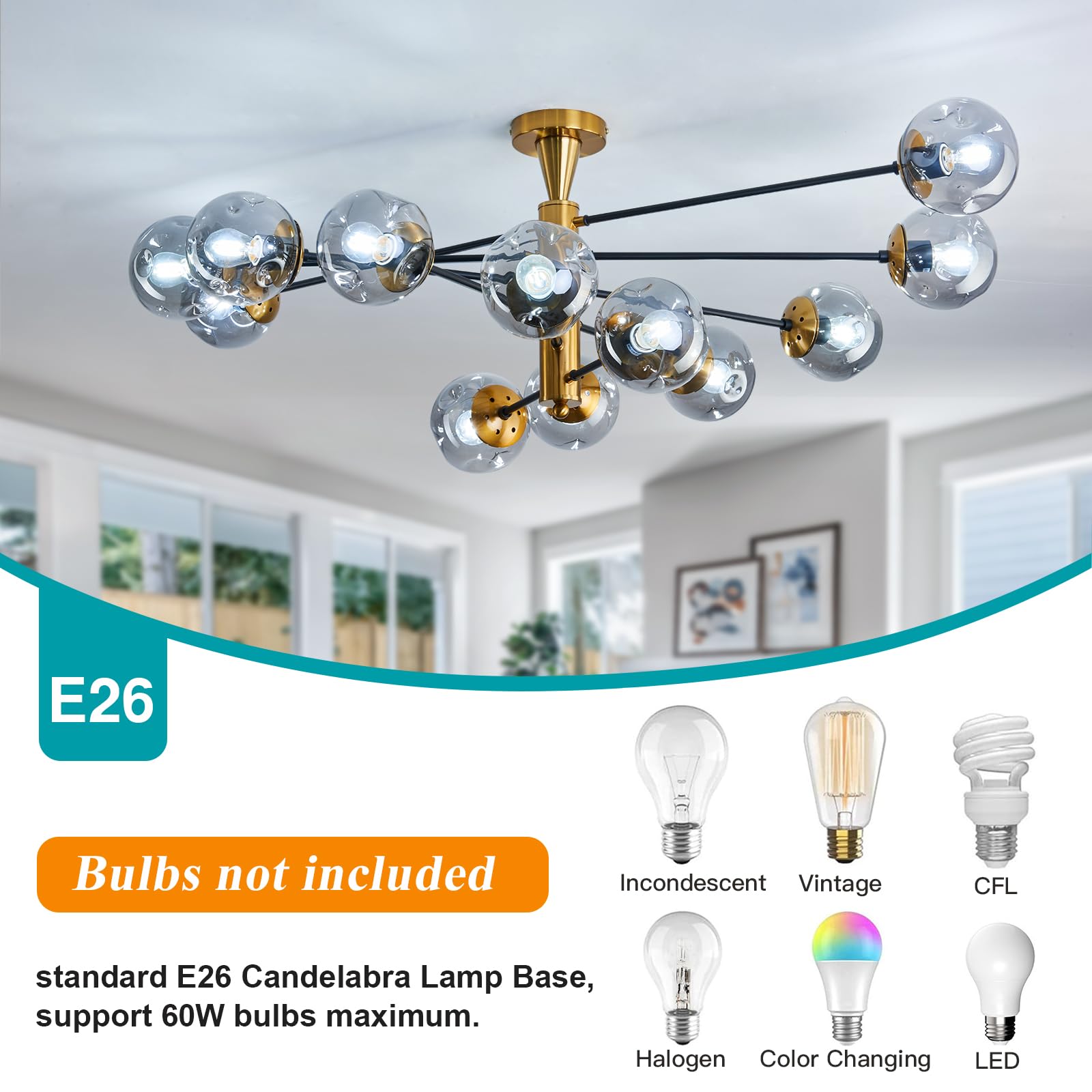 hesoge Large 12-Light Sputnik Semi Flush Mount Chandelier, Gold Iron Fixture, Mid Century Modern for Living Room & Kitchen, Model H-2148