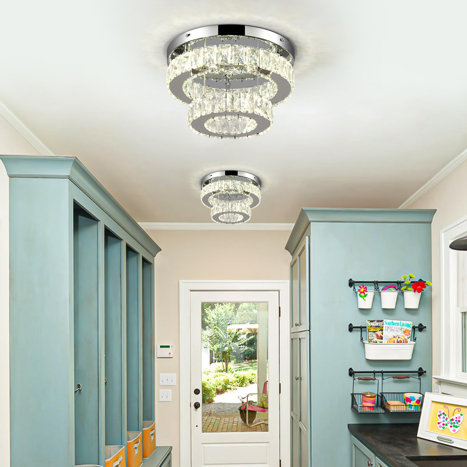 Leontyne 11.8 Inch Dimmable Modern Crystal Chandelier 2-Layer Round Crystal Led Ceiling Light Flush Mount Chandelier Fixture For