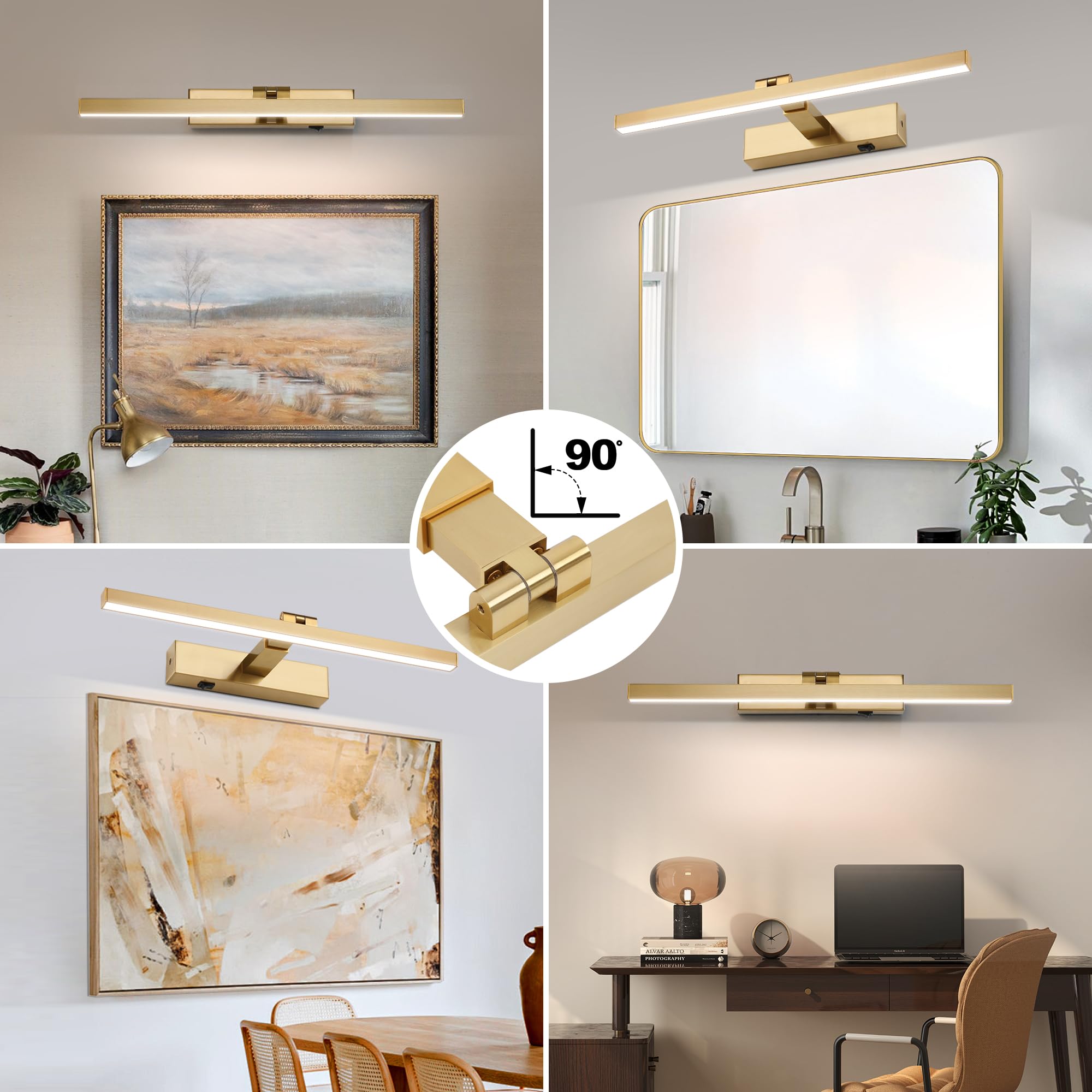 Zitostory Gold Picture Lights For Wall Dimmable Wireless Picture Lights For Paintings Adjustable Wall Sconce With Remote (Brass,