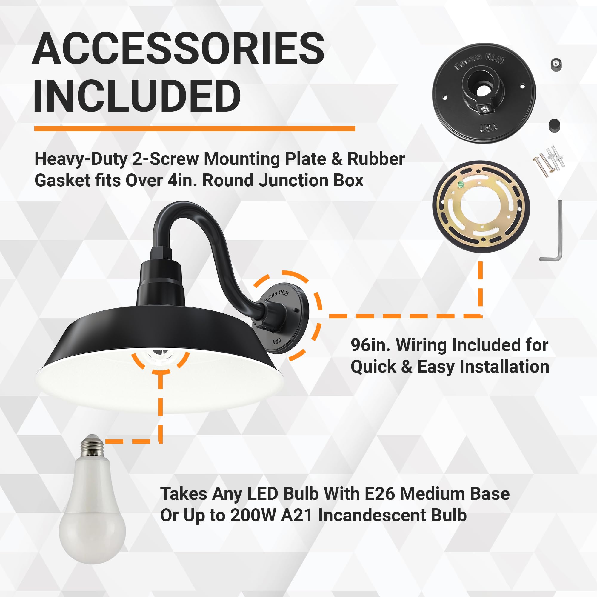 HTM LIGHTING SOLUTIONS 14in. Gooseneck Barn Light Fixture - Satin Black, Alloy Steel, UL Listed, Model SBL14-BK-SGN10-BK-9WA