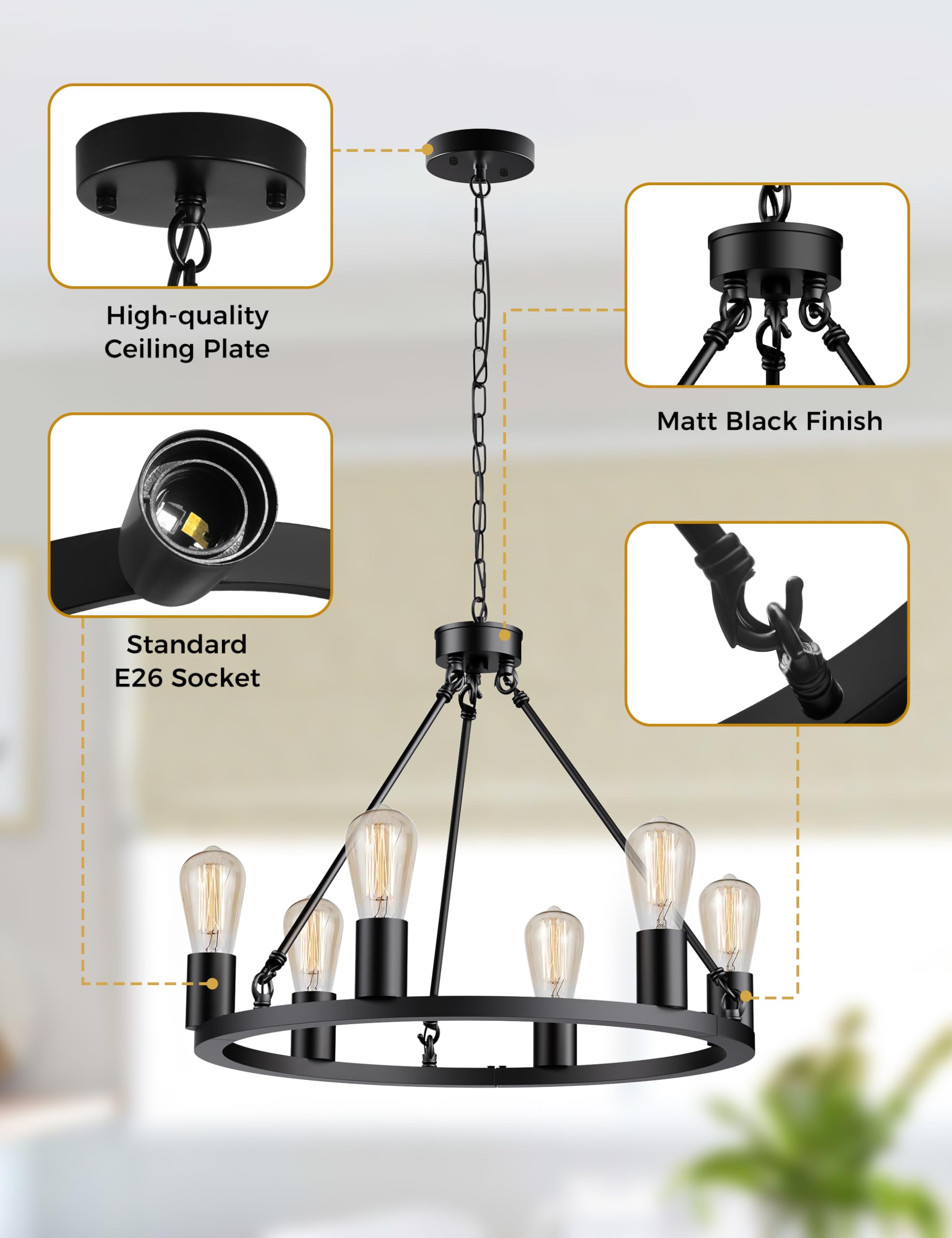 L Lohas Led Black Farmhouse Chandeliers For Dining Room, 6-Light Wagon Wheel Chandelier Over Table, Height Adjustable, 19'' Dini