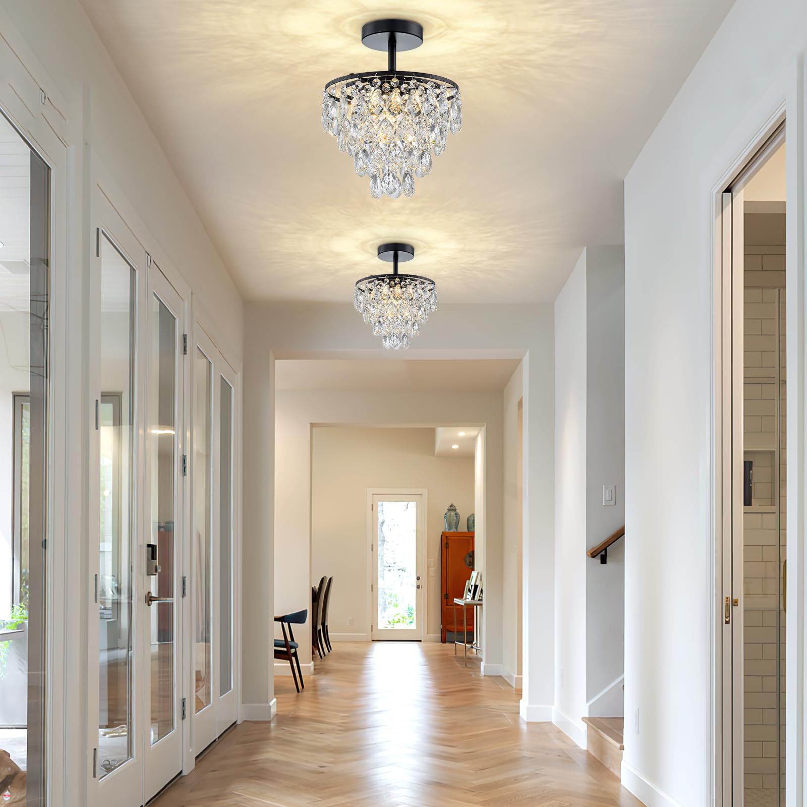 Cxgleaming Black Chandelier Flush Mount Light Fixture Modern Crystal Chandelier Bathroom Ceiling Lights For Bedroom Kitchen Laun