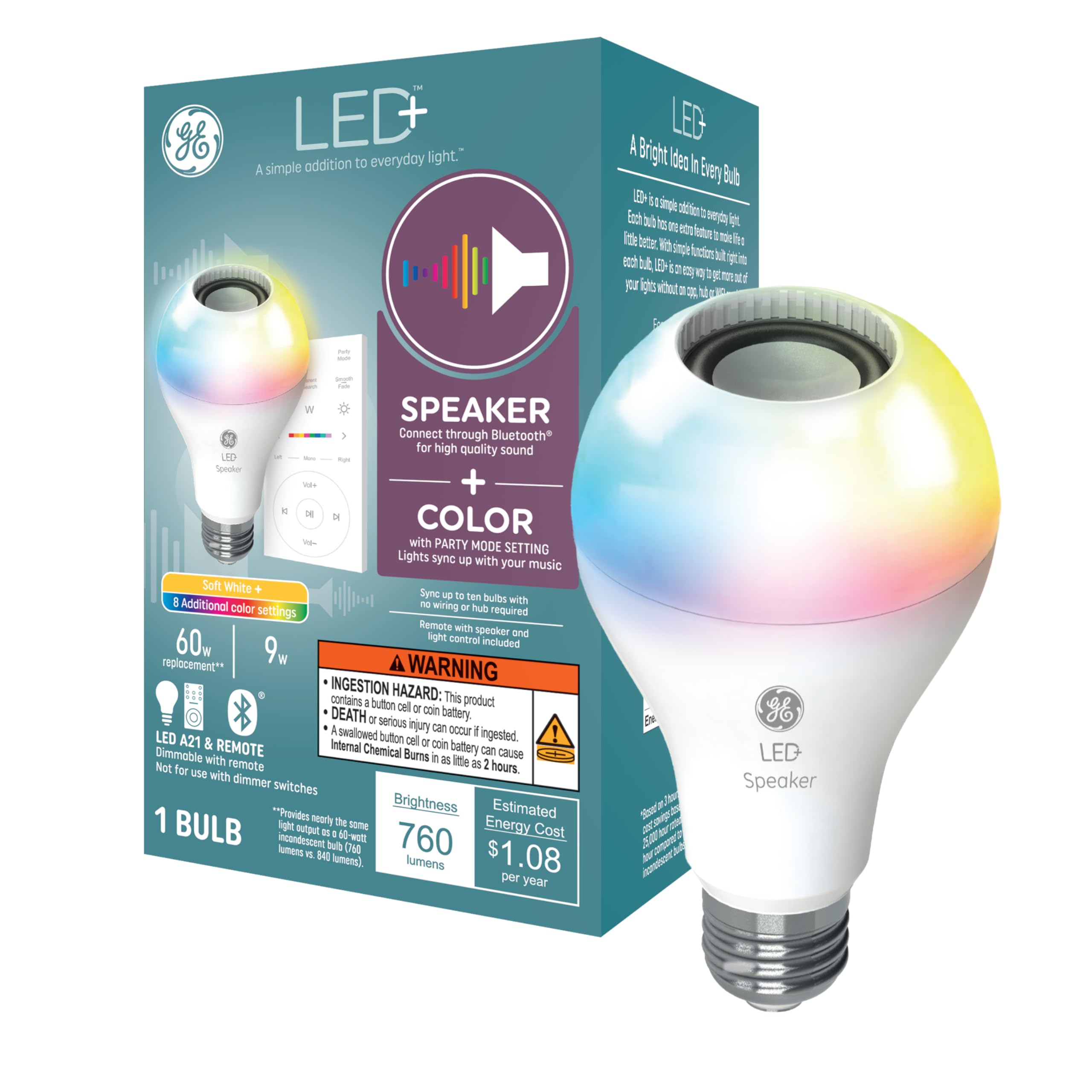 Ge Led+ A21 Led Light Bulb, Indoor Color Changing Wireless Blutooth Speaker Light With Remote, 9W, Multicolor And Soft White (1 