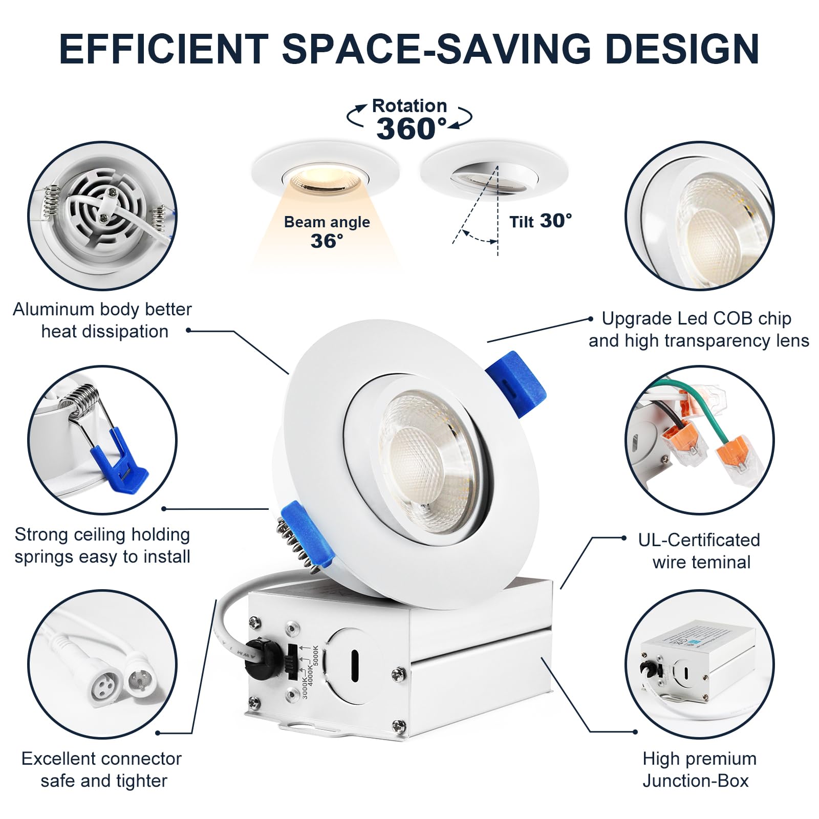 LTpro 3 Inch Gimbal LED Recessed Lights, Dimmable 10W, 5CCT 2700K-6000K, Waterproof, IC Rated, 8 Pack