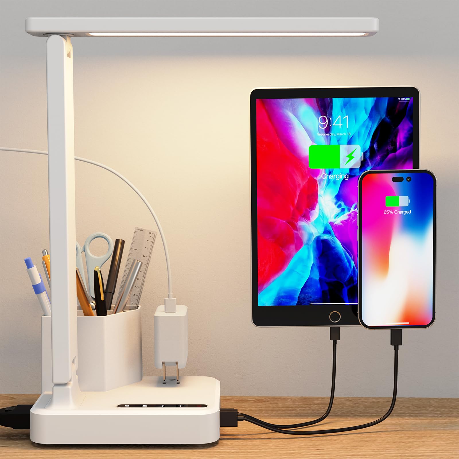 COZOO LED Desk Lamp with 2 USB Ports, Type C, 1 AC Outlet, 3 Color Temperatures, Touch Control, White