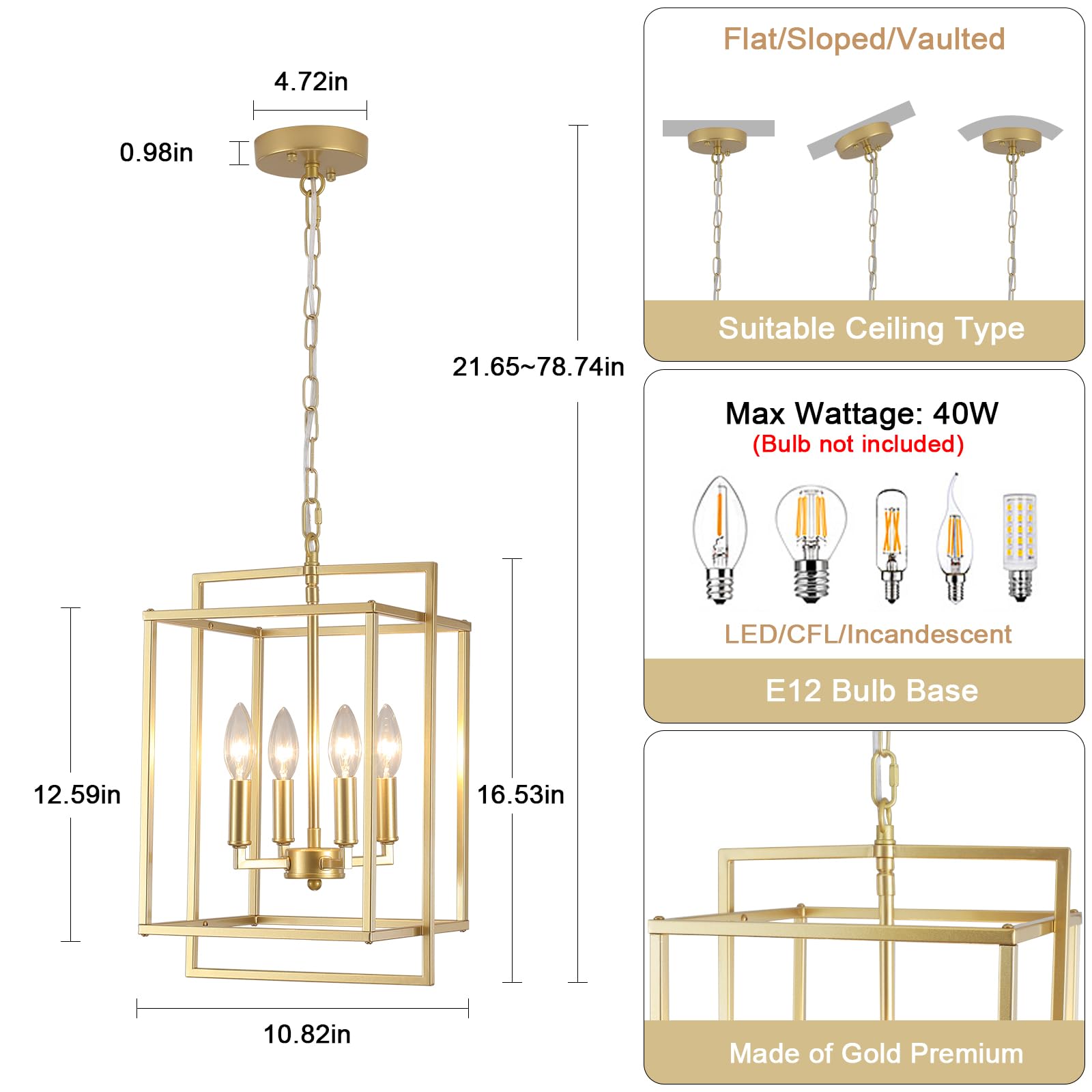 KOSTOMO Gold Chandelier Light Fixture, 10.8" Rustic Farmhouse Pendant, 4-Light Metal Lantern, Adjustable Height for Dining Room, Living Room