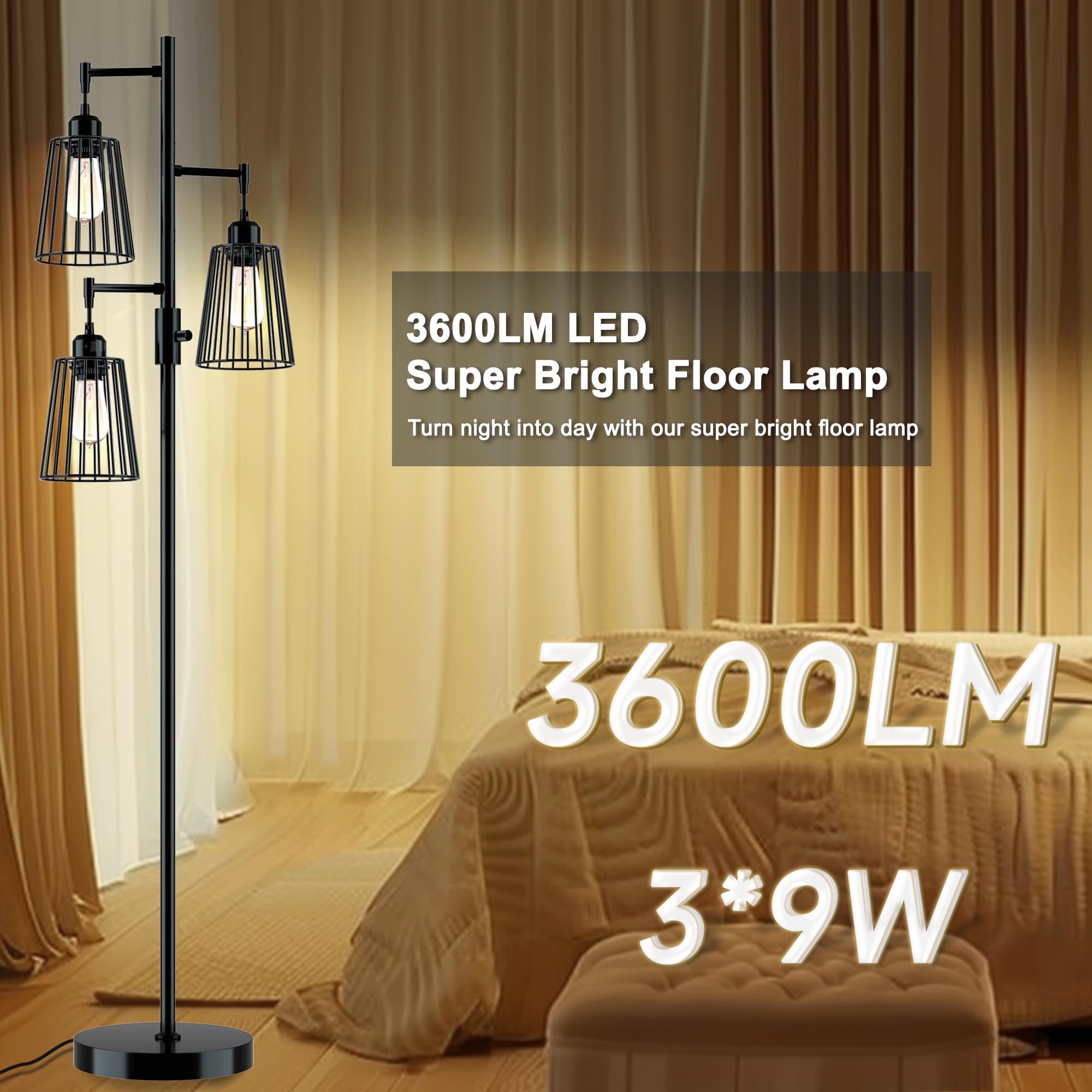 Coff Industrial Floor Lamp, 3 X 1200Lm Edison Led Bulbs Included, Bright 3-Light Dimmable Floor Lamp, Farmhouse Tall Standing La
