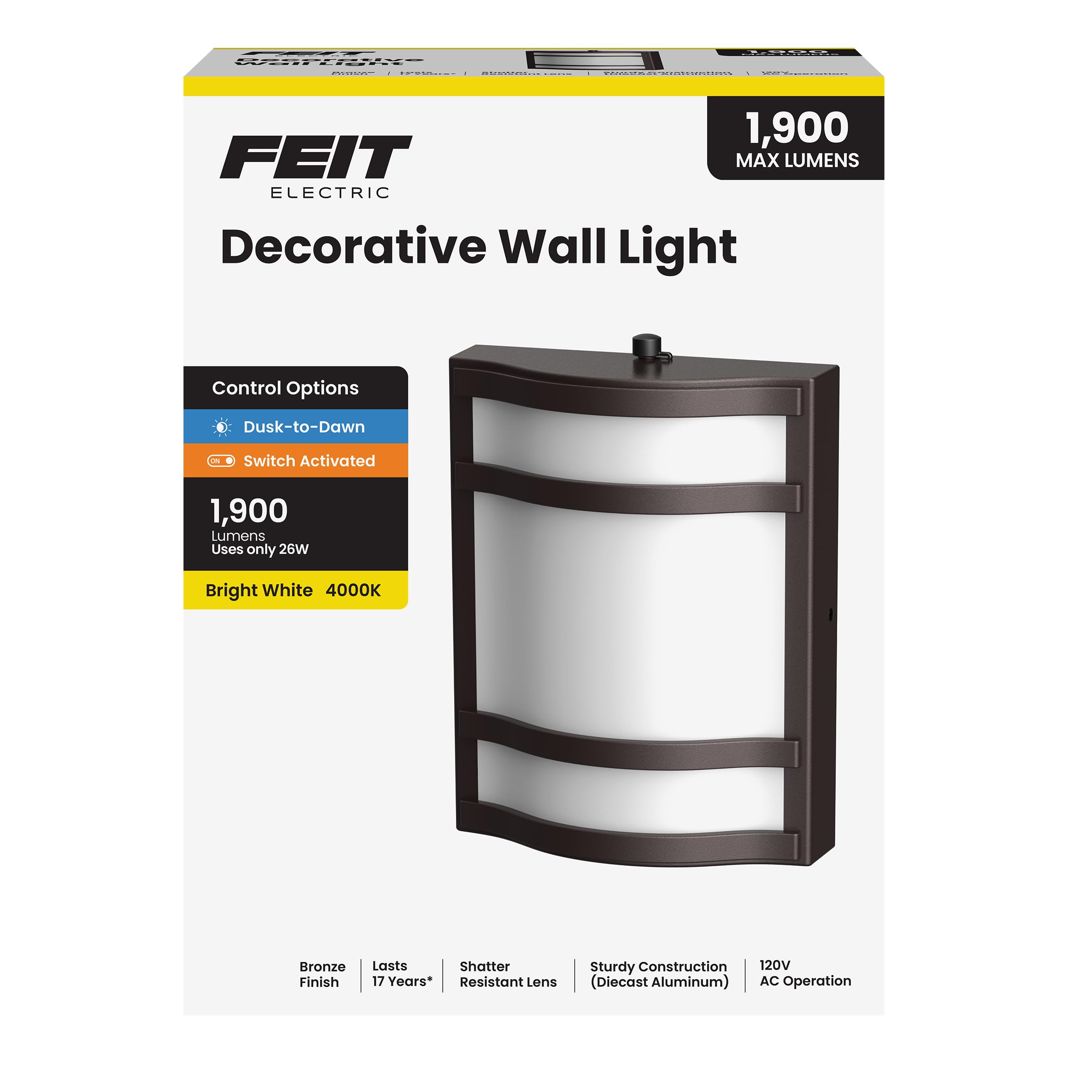 Feit Electric Decorative Outdoor Wall Light, 1900 Lumens, 4000K Bright White, Dusk-to-Dawn Photocell Sensor, Weather-Resistant L