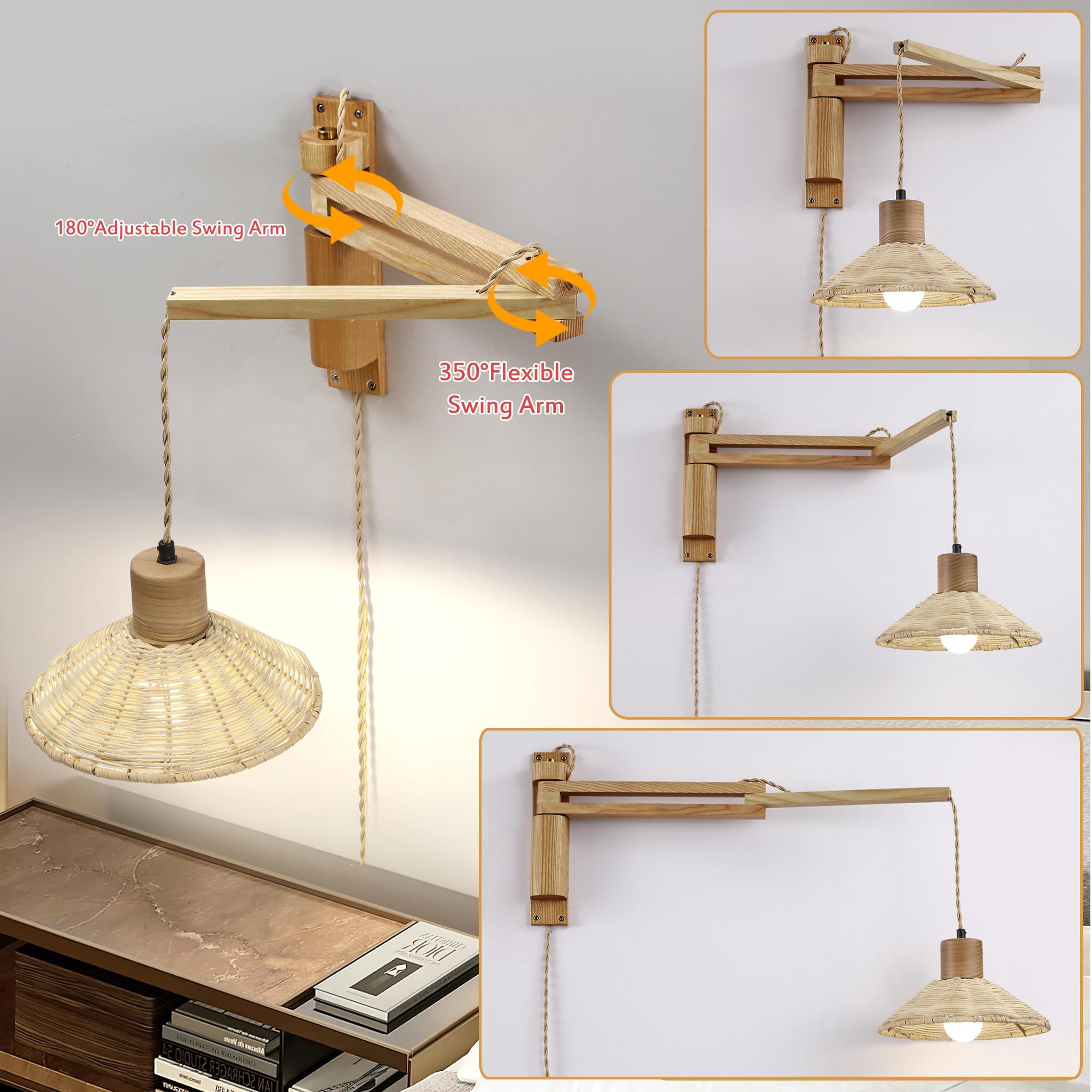 maesta Wood Plug Wall Sconce, Vintage Dimmable Swing Arm Lamp, Brown Bamboo, Model A027-3, Bulb Included