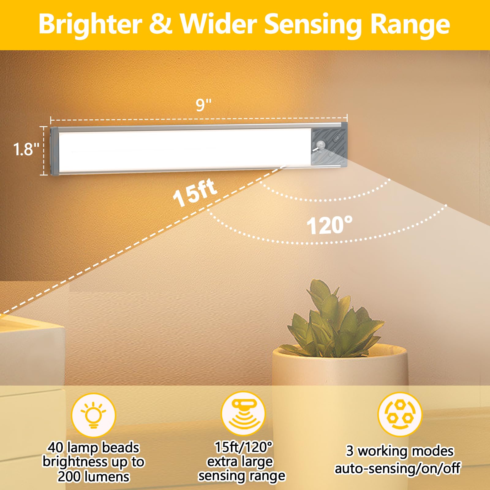 Trushome Under Cabinet Lighting, Motion Sensor, 40 LED, Dimmable, Rechargeable, 1 Pack, Silver