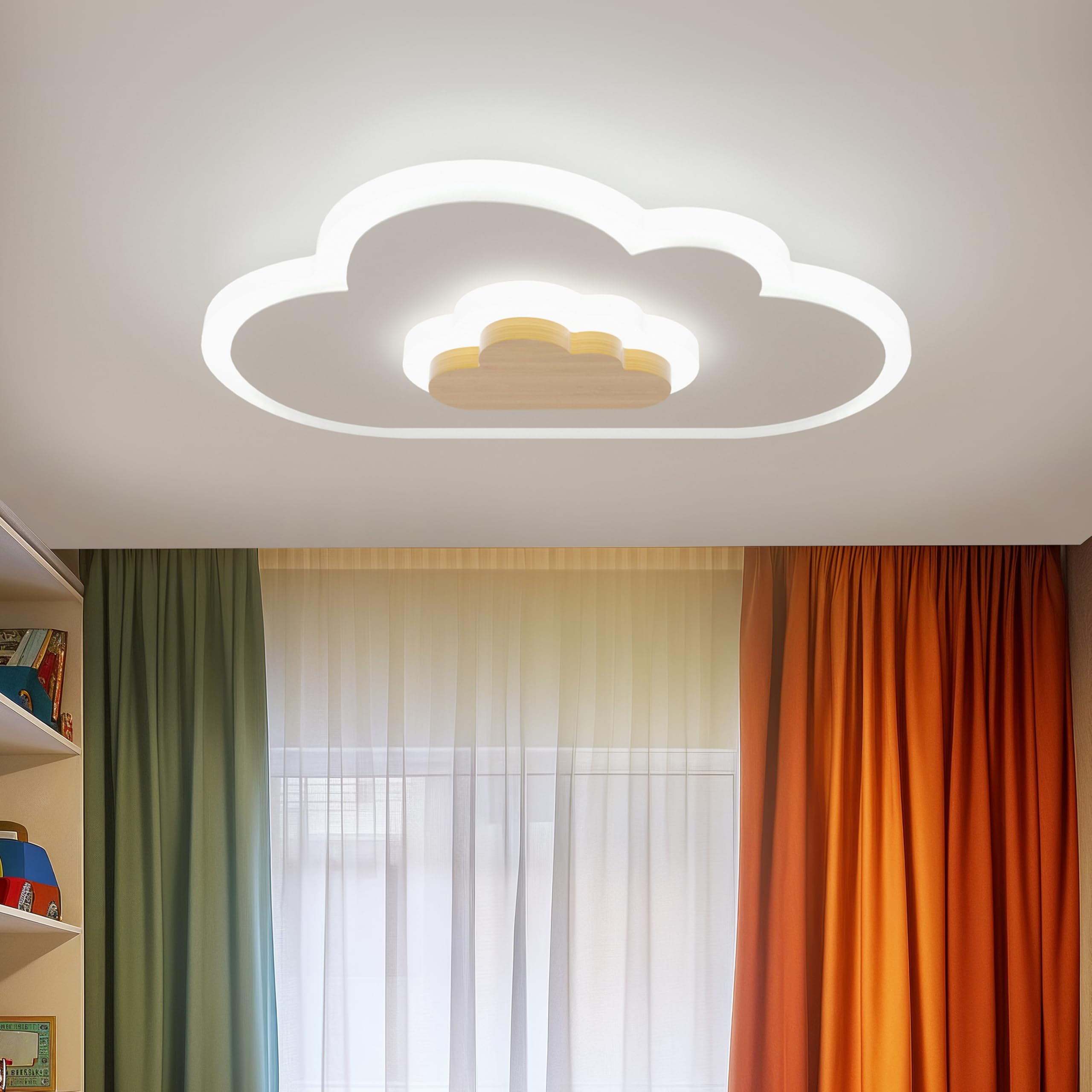 LED Ceiling Light 26W Wood Cloud Cartoon Kids Ceiling Light 19.68in Kids Room Light fixtures Ceiling Mount 3000-6500K with night