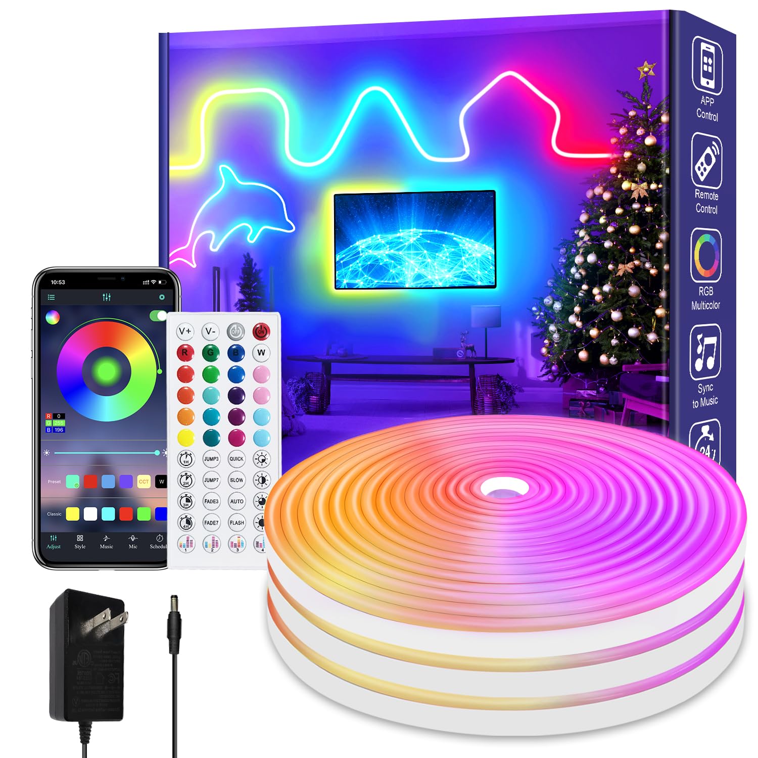 Vimeepro 50Ft Rgb Led Neon Rope Lights, Music Sync, Ip65 Waterproof, Remote/App Control