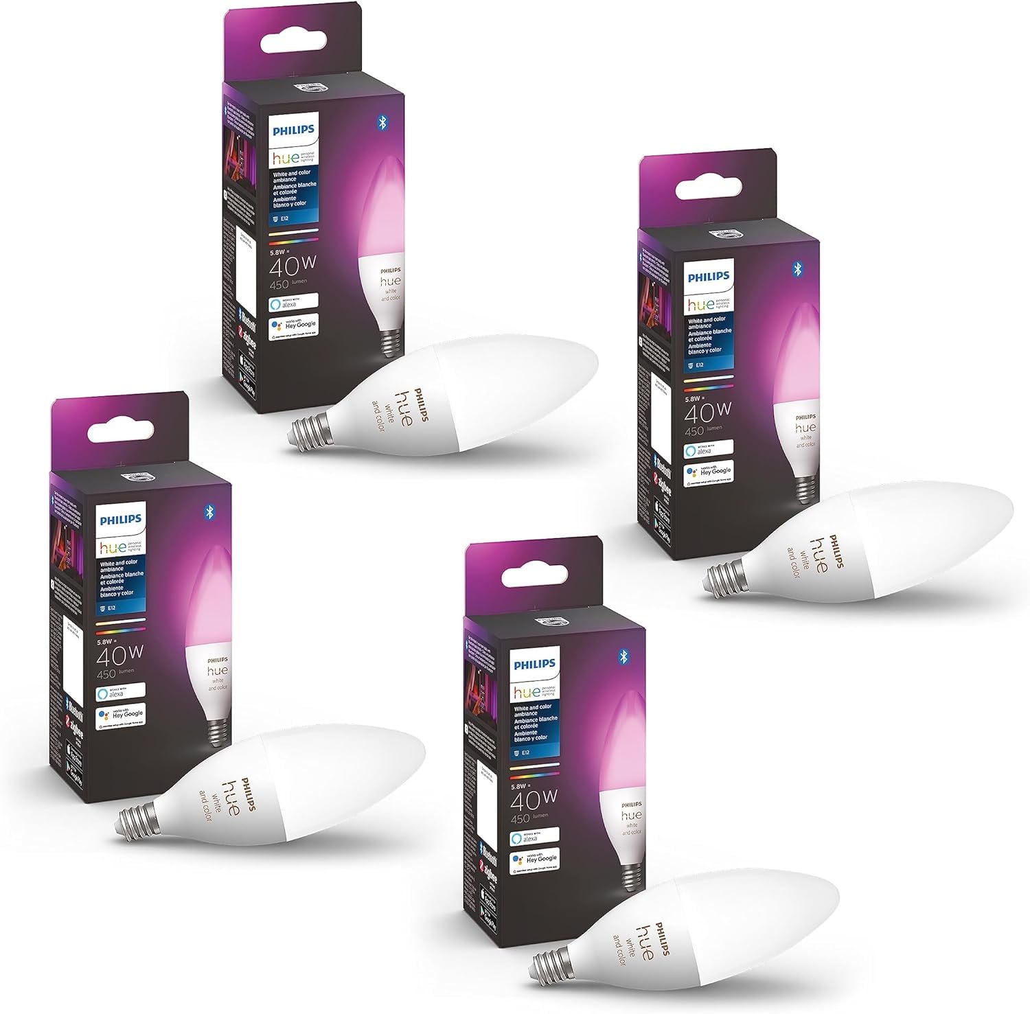 Philips Hue Smart 40W B39 Candle-Shaped Led Bulb - White And Color Ambiance Color-Changing Light - 4 Pack - 450Lm - E12 - Contro