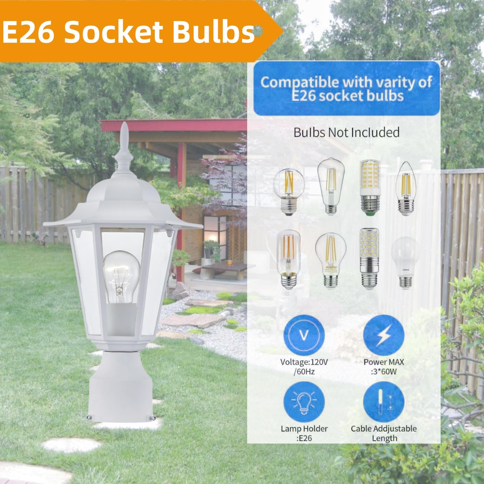 Wisbeam White Outdoor Post Light, Pole Lantern, E26 Base 60W Max, Aluminum Housing Plus Glass, Wet Location Rated, Etl Qualified