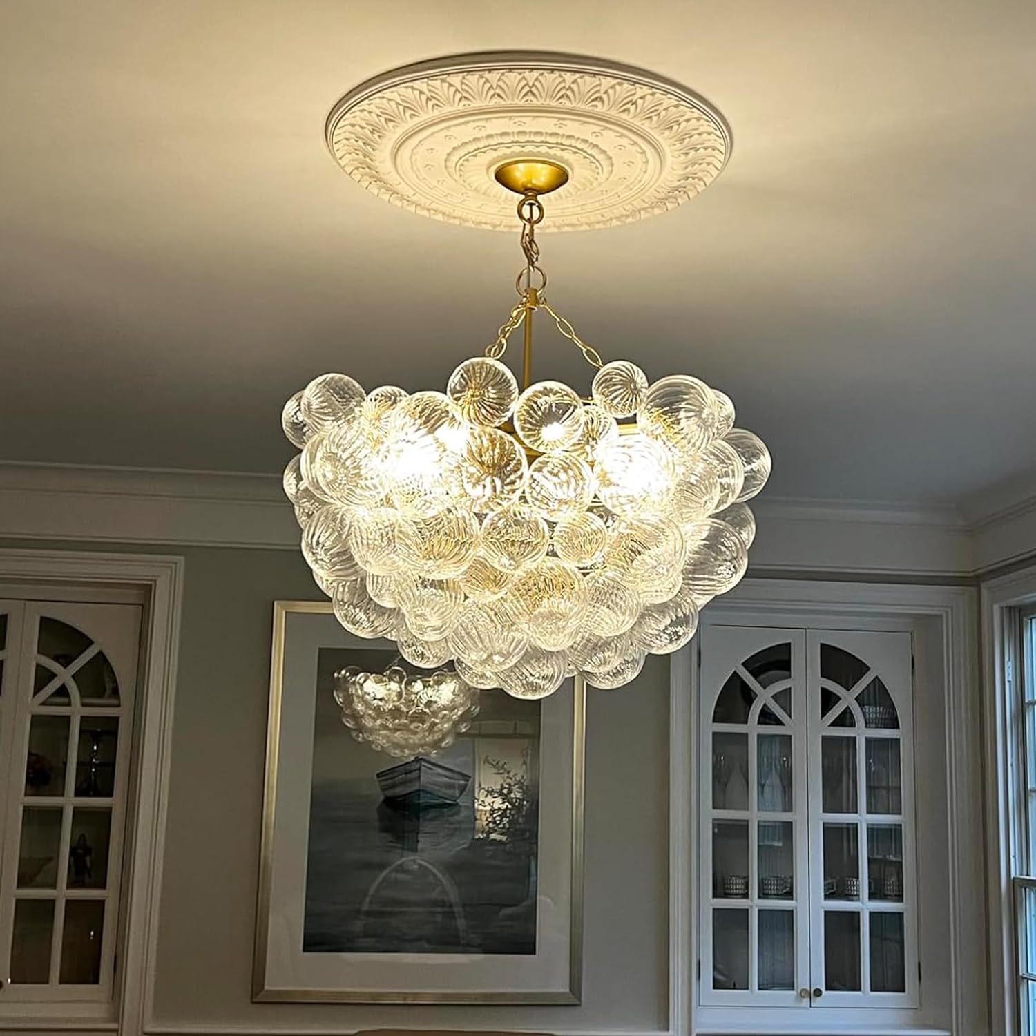 Longree Nordic Bubble Ball Swirled Glass Chandelier, Diam 31'' Gild Gold And Clear Modern Hand Blown Glass Pendant Light Fixture