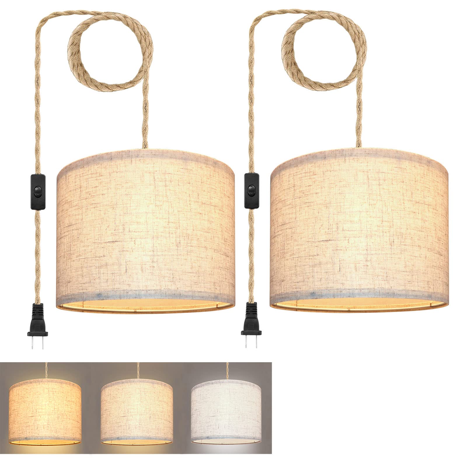 Kuaugst Plug In Pendant Light, Beige Linen Shade, 15Ft Hemp Rope, 2 Pack For Bedroom & Dining