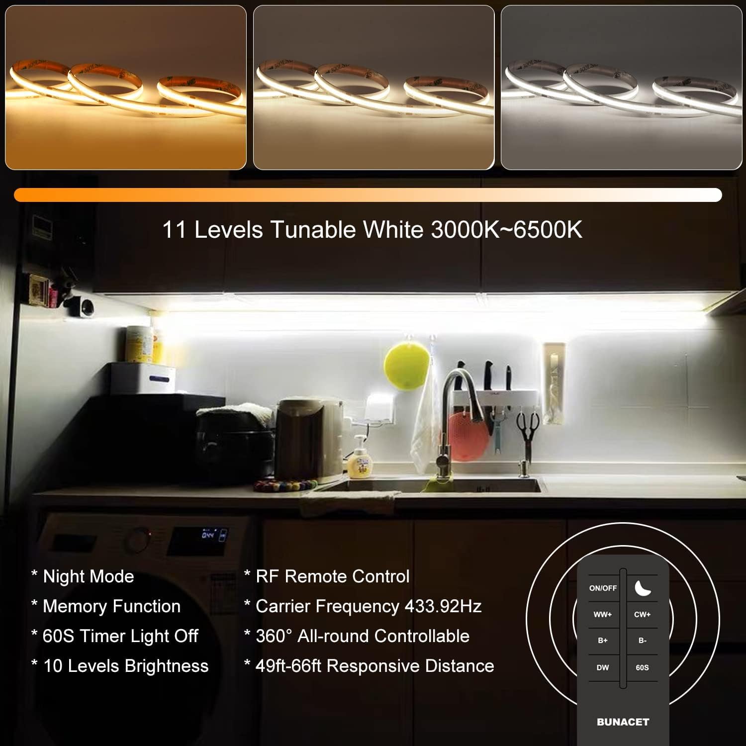 20Ft Cob Led Strip Lights  Bluetooth Smart App Tunable 3000K~6500K White Daylight To Warm White Light Strip With Remote Dimmable For Bedroom Kitchen Home Lighting