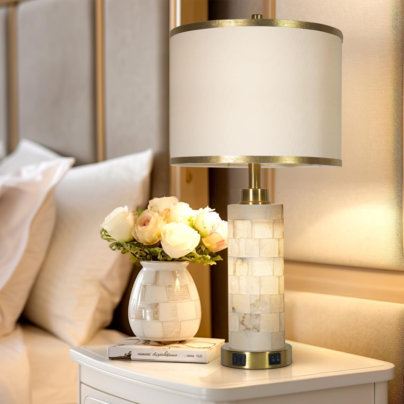 Kivditzo Natural Alabaster Nightstand Lamp Set Of 2 With Usb Ports & Linen Shade, Golden