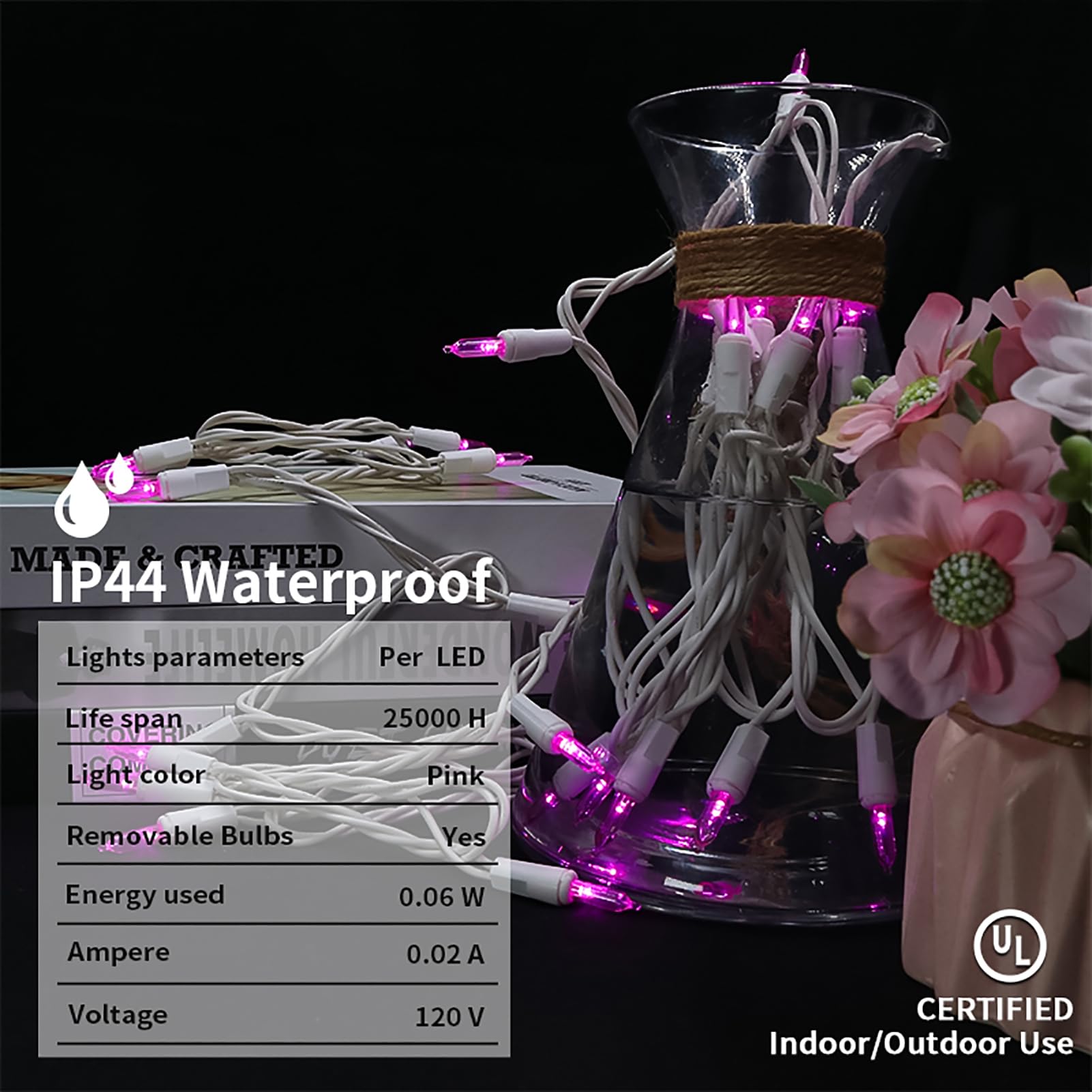 Multi-Sparking Pink Christmas Lights (11 Feet, 35 Count) - Mini Pink Christmas Tree Lights White Wire, Led Christmas Lights For Valentines Day Outdoor Christmas Decorations