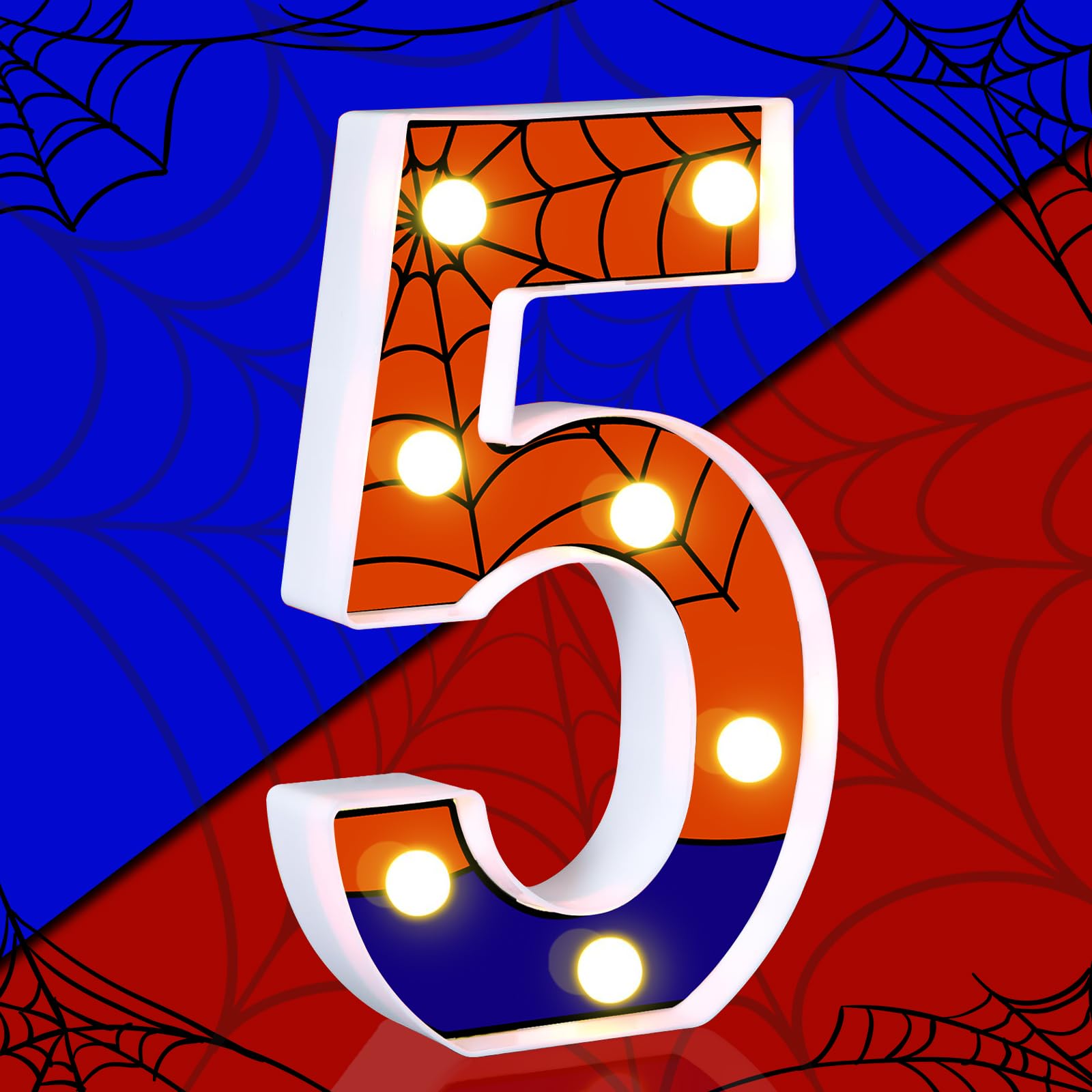 AXBMM Spider Light Up Birthday Sign, Number 5, LED, PP Plastic, Blue/Red, Party Decorations, Model XY-366