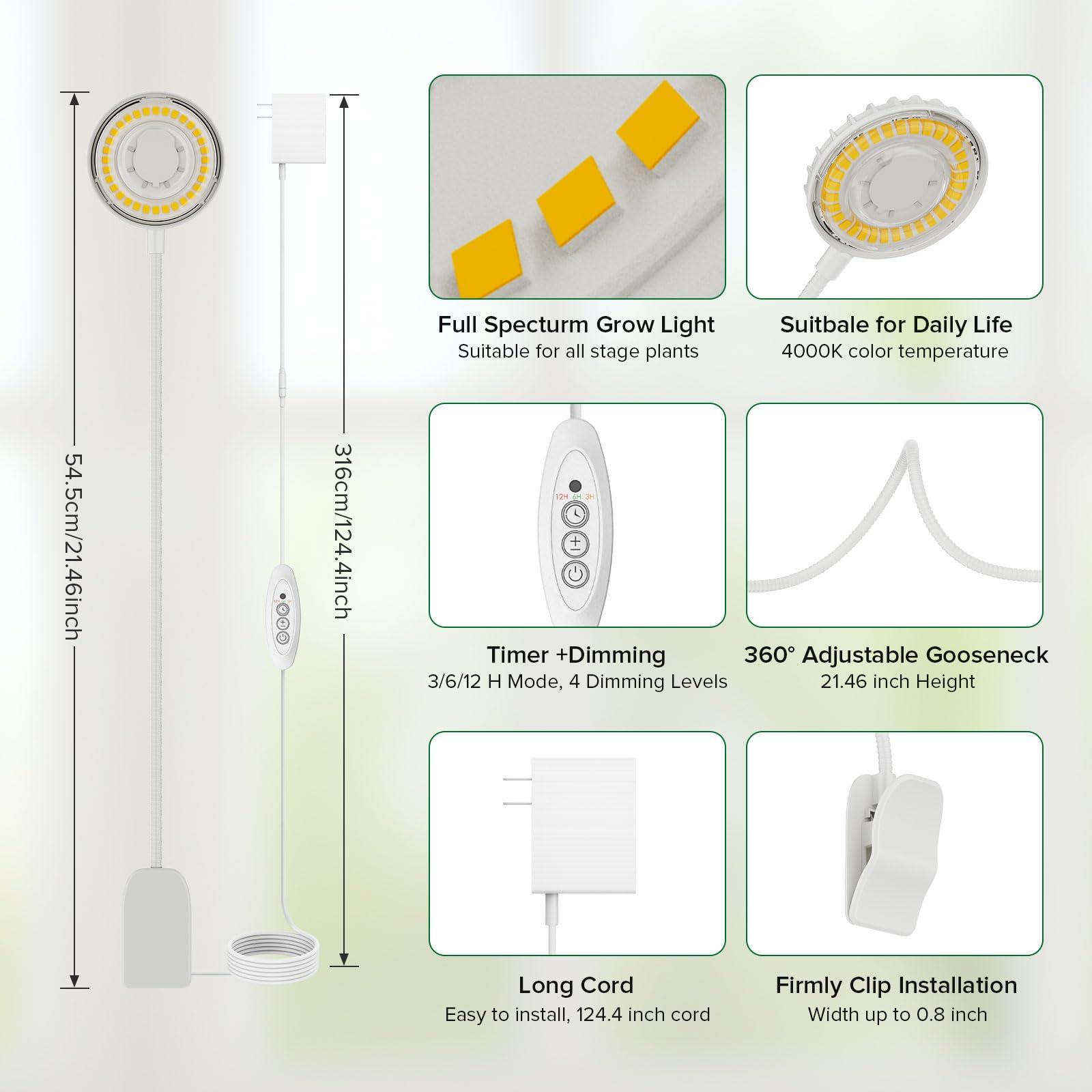 SGLEDs Grow Lights Full Spectrum 12W LED Plant Lamp, 4000K, 4-Level Dimmable, Clip-On, White, 1 Pack, Model C23ZW024-T