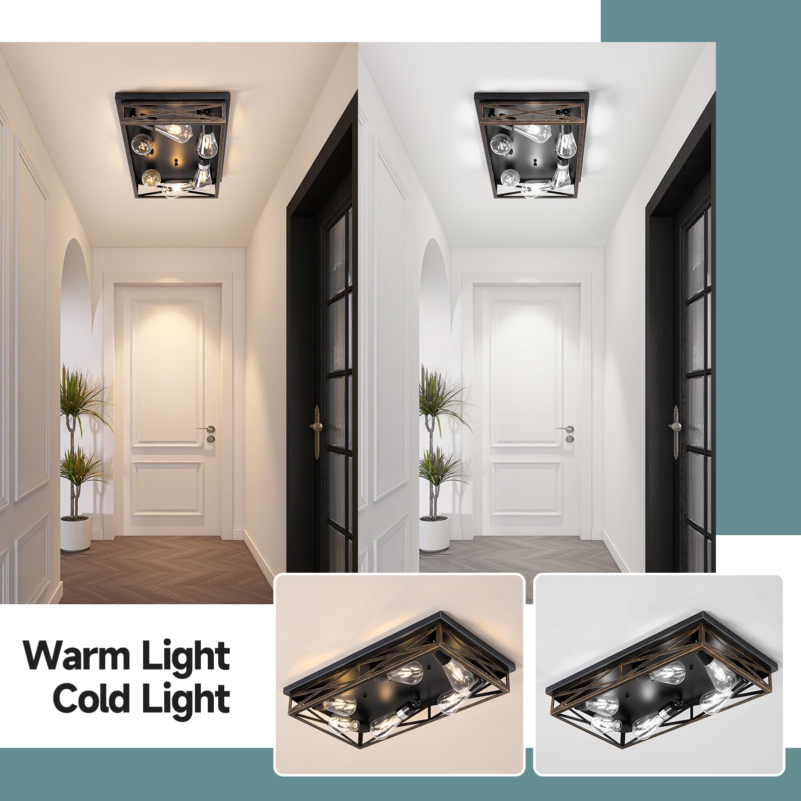 DIKAIDA 6-Light Rustic Black Ceiling Light Fixture, Industrial Metal Cage, Flush Mount, 23in for Kitchen, Hallway, 1 Pack