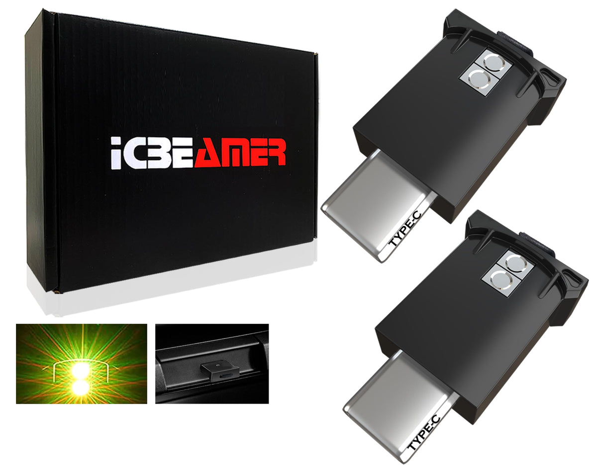 Icbeamer Type C Adapters Usb Ambient Light - 2 Pcs (Yellow) | Smart Interface, Miniature Led Night Lights For Car Interior, Trun