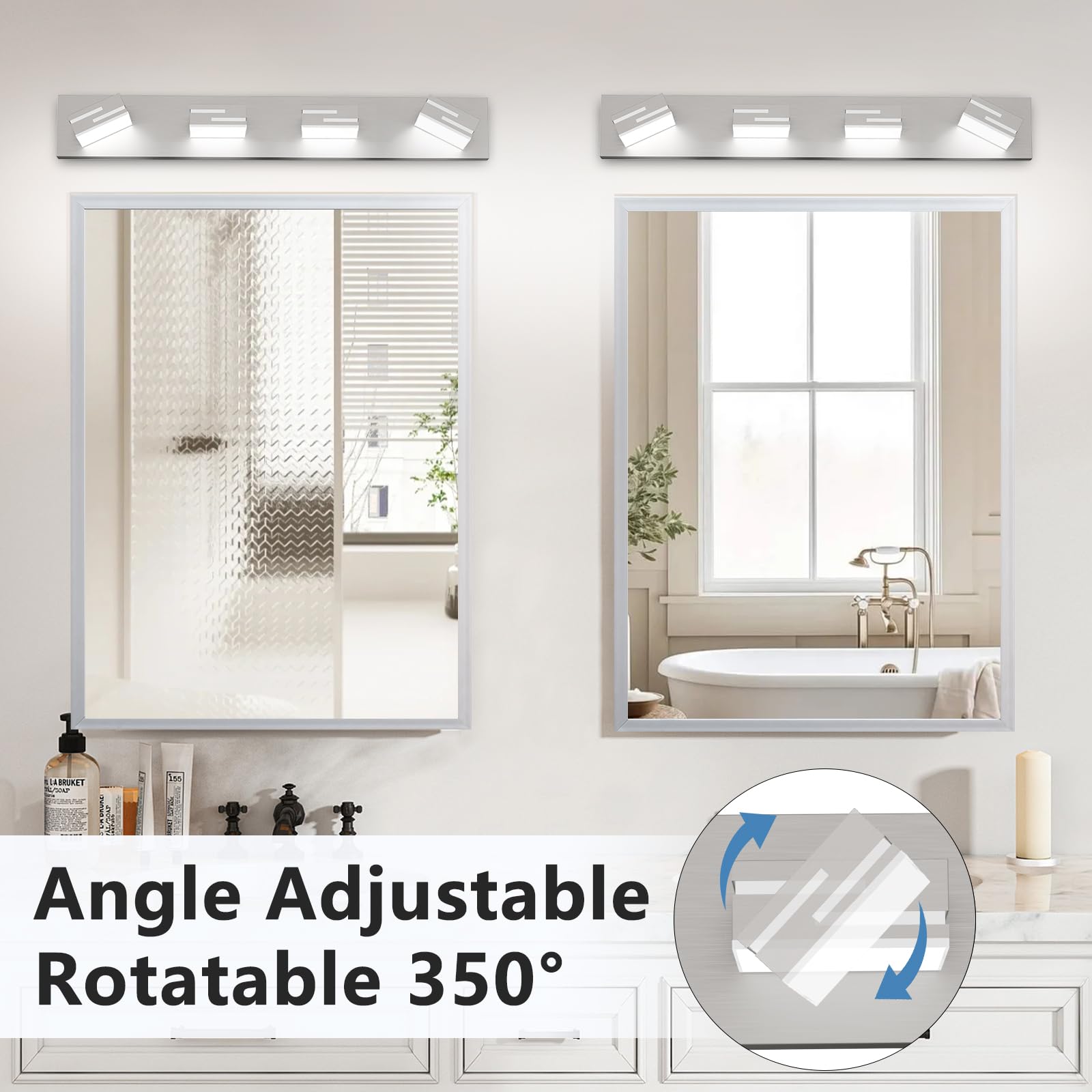Lkhf Led Modern Bathroom Vanity Light Fixtures 4-Light 28-Inch Dimmable Brushed Nickel Vanity Lights For Bathroom Lighting Fixtures Over Mirror  With 350?Rotatable Acrylic Heads (Cool White 6000K)