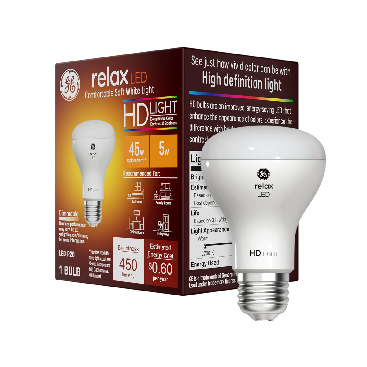 Ge Relax Led Light Bulb, 45 Watt, Soft White, R20 Indoor Floodlight (1 Pack)
