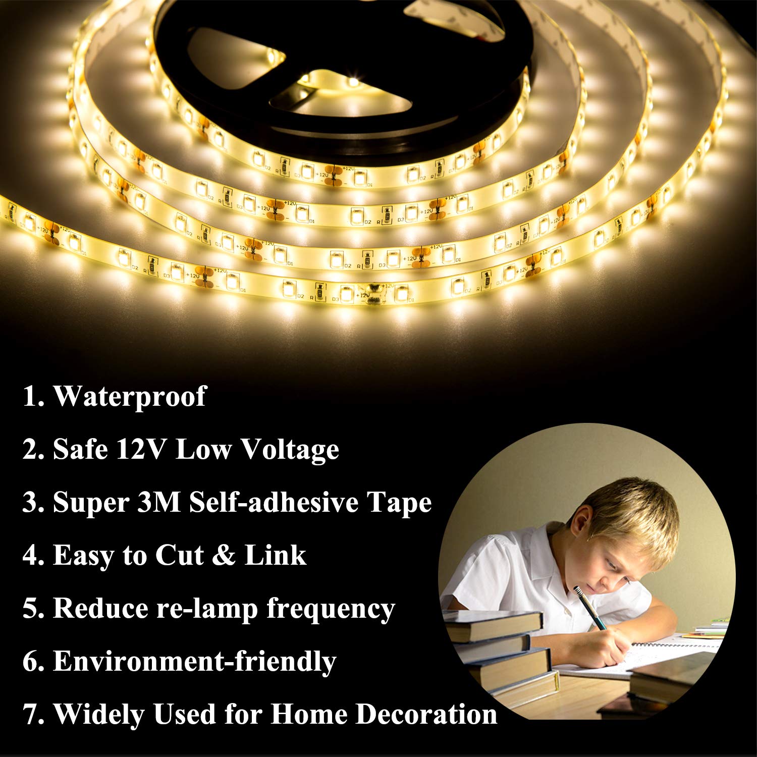 JUNWEN 16.4ft Warm White LED Strip Lights, Flexible Dimmable Indoor Lighting for Bedroom, Kitchen, TV - Model d2c8399f12345
