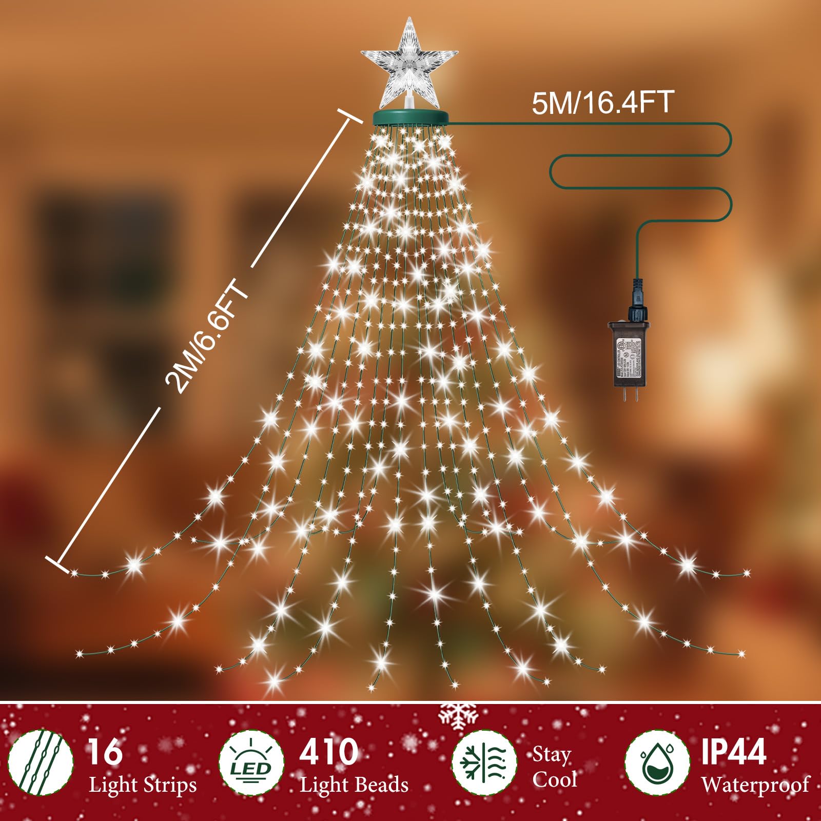 AMIPEPE Christmas Tree Lights, 410LED Fairy Lights, 6.6FT, Cool White, with Star Topper, Remote, 8 Modes for Indoor/Outdoor Xmas Decorations