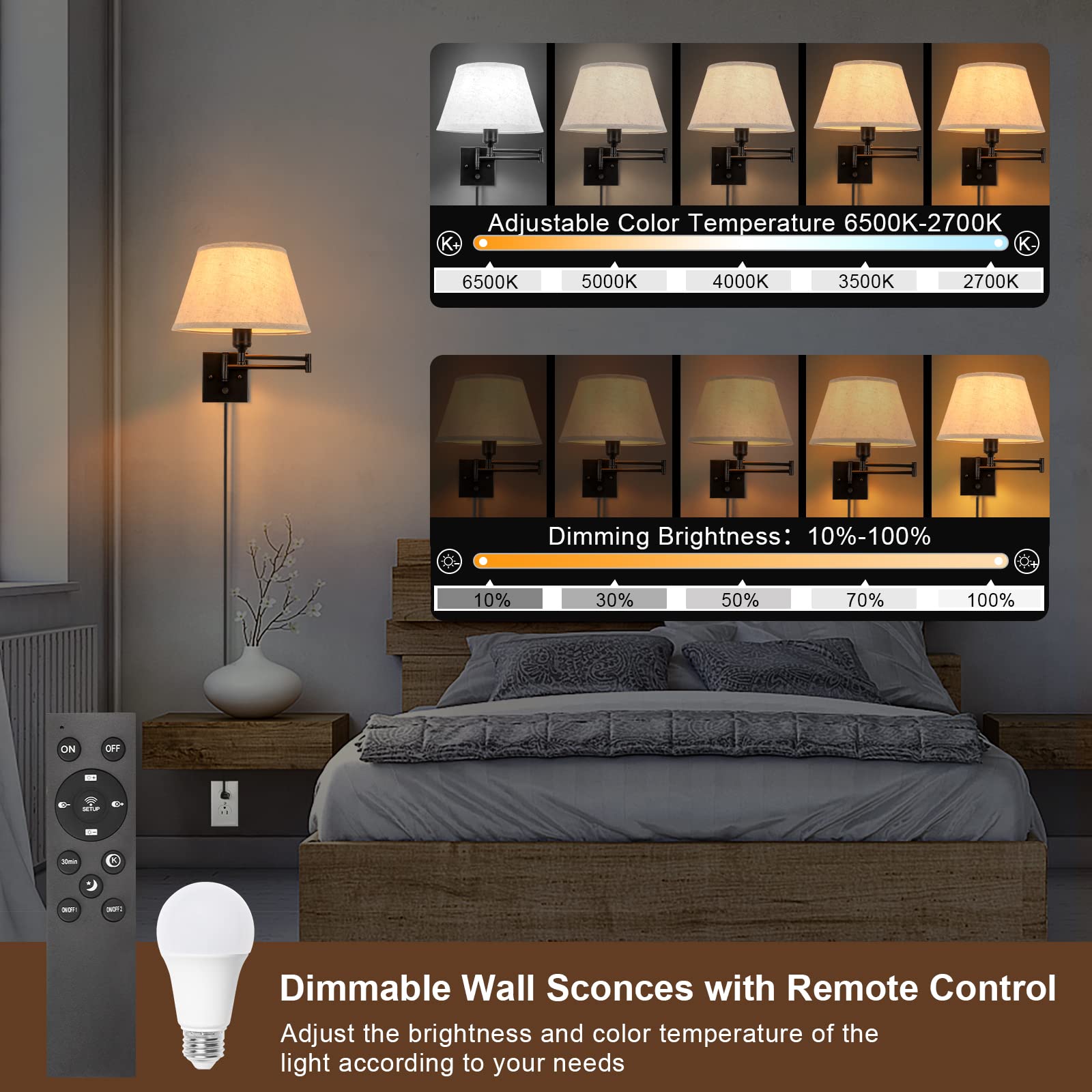TRLIFE Wall Sconce, Remote Control Dimming 10-100%, 11.8" Large Beige Fabric Shade, Adjustable Color Temp 2700K-6500K, 2 Pack