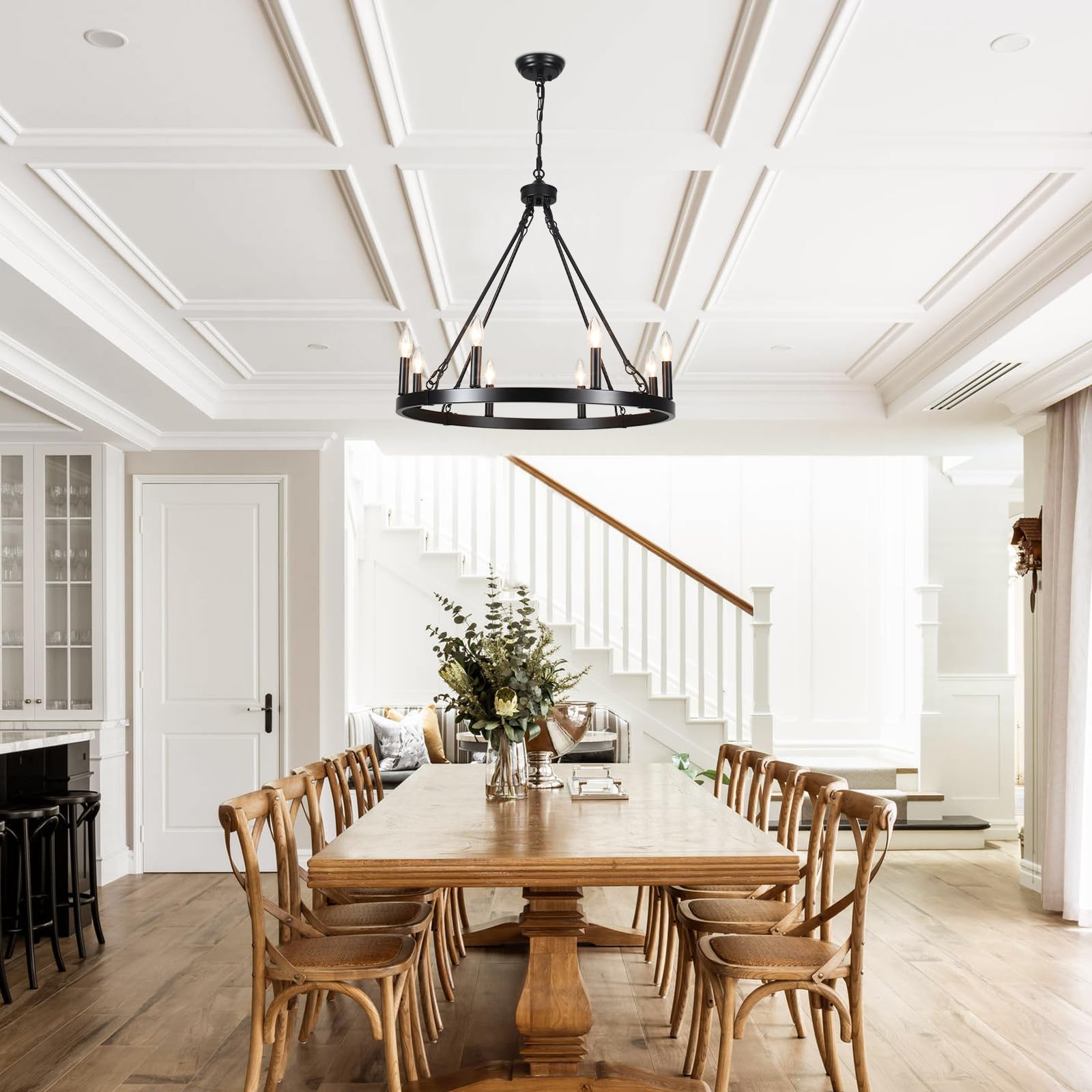 Zjvaive Black Wagon Wheel Chandelier Diam 26 Inch 8 Light Black Farmhouse Chandeliers For Dining Room Rustic Round Pendant Light