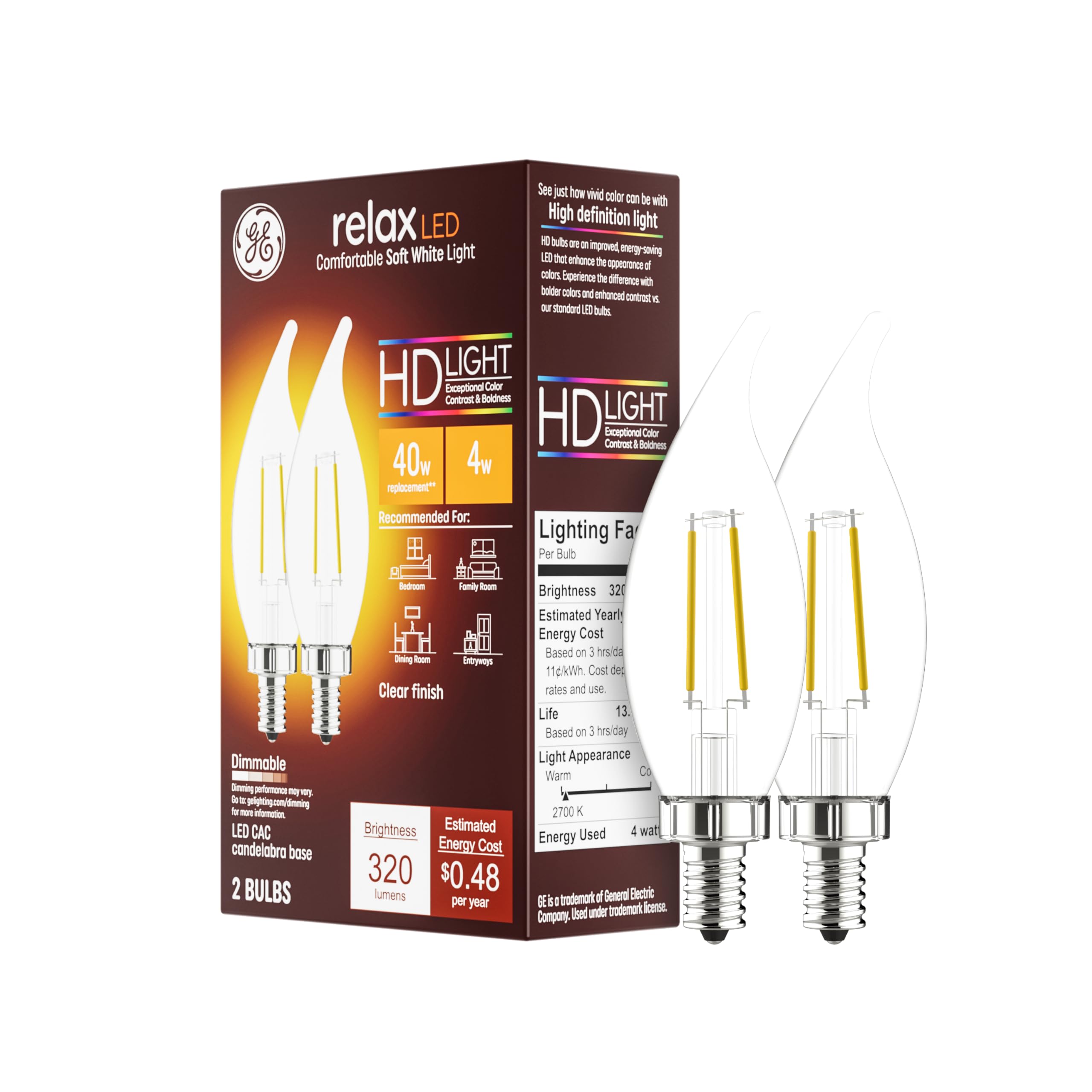 GE Relax LED Light Bulbs, 40 Watt, Soft White, Decorative Bulbs, Clear, Small Base 2 Count (Pack of 1)