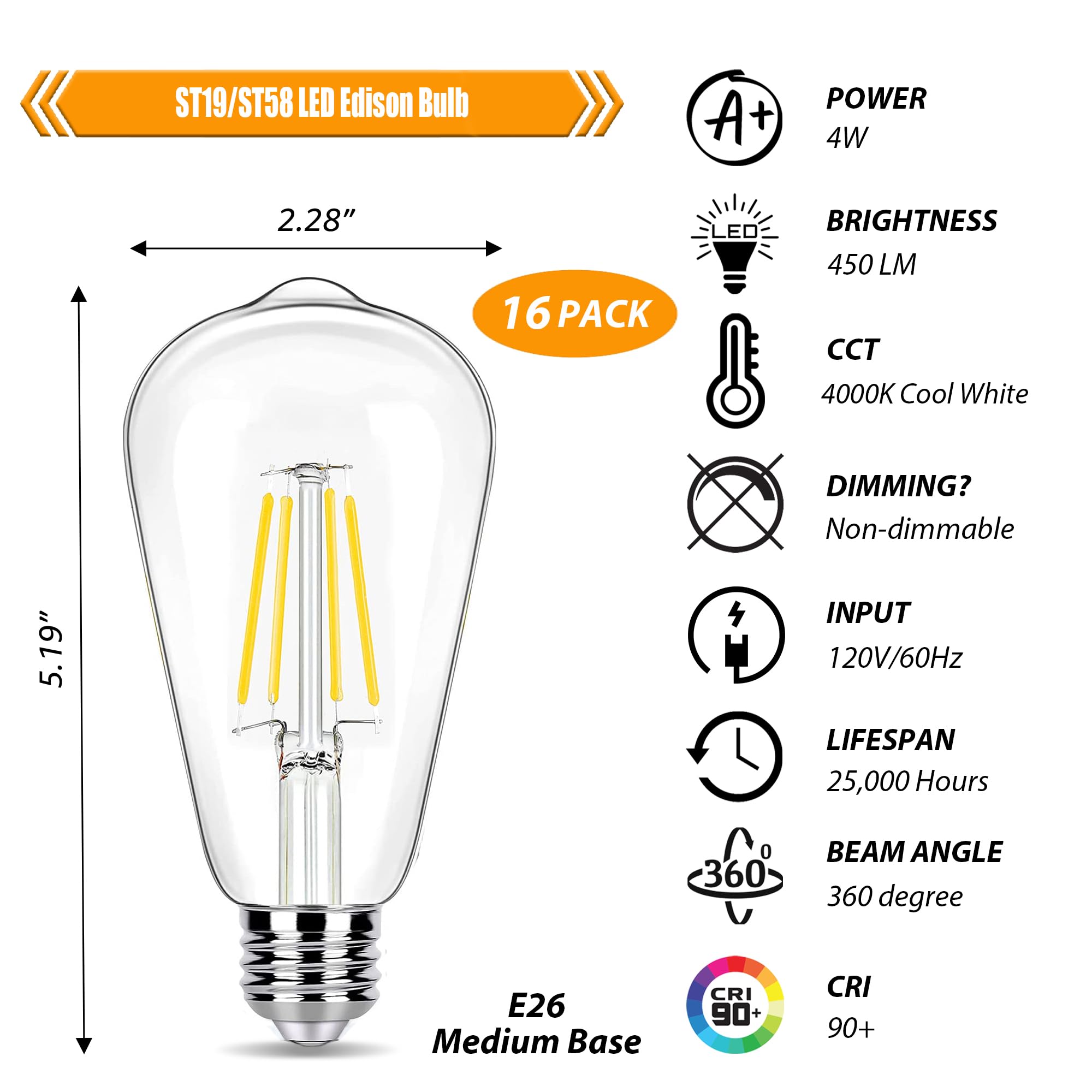 Winsaled 16 Pack Led Edison Bulbs 40W Equivalent, Not-Dimmable 4 Watt Led Filament Bulb, 4000K Cool White St19 Light Bulb, 450Lm