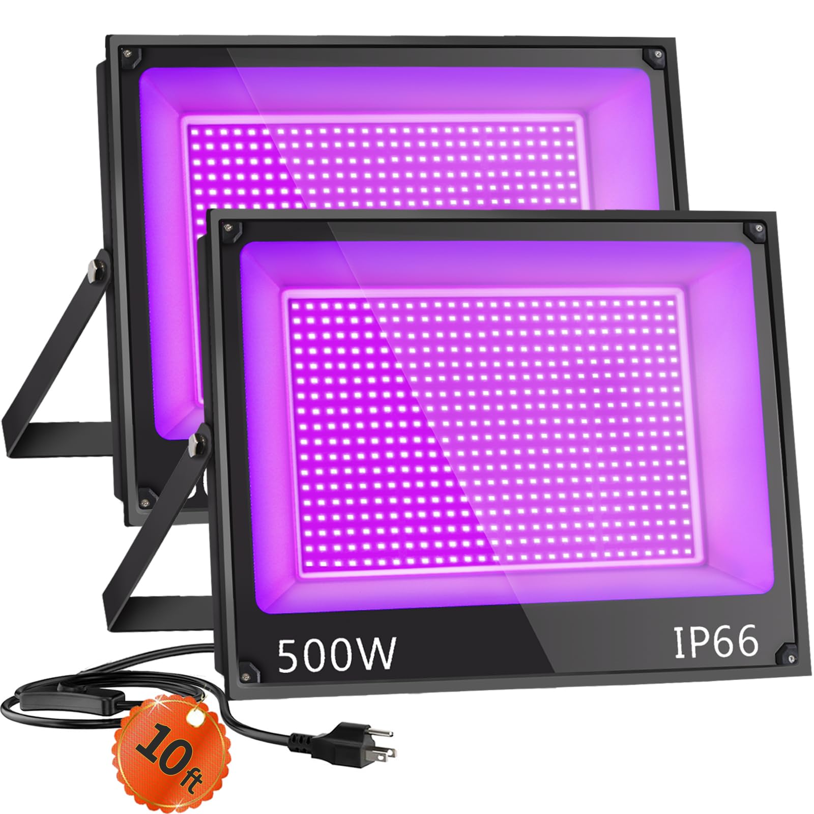 YAYIT 500W Waterproof Blacklight Flood Light with 10ft Cord+Switch, Aluminum Shell, IP66 Outdoor LED Black Lights for Large Space, Glow Party, Halloween, Stage, Aquarium, Poster, Body Paint, 2 Pack