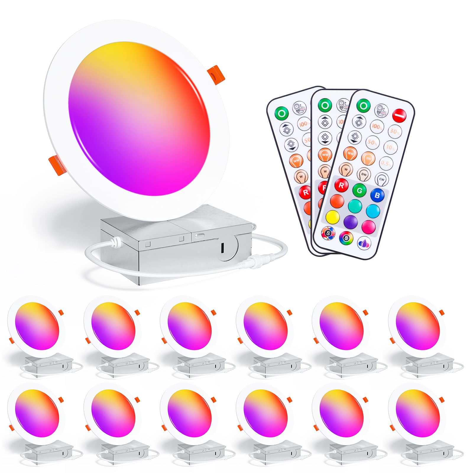 Taptoron 6 Inch RGBCW LED Recessed Ceiling Light, 16W 1350LM, Dimmable, Remote Control, 12 Pack